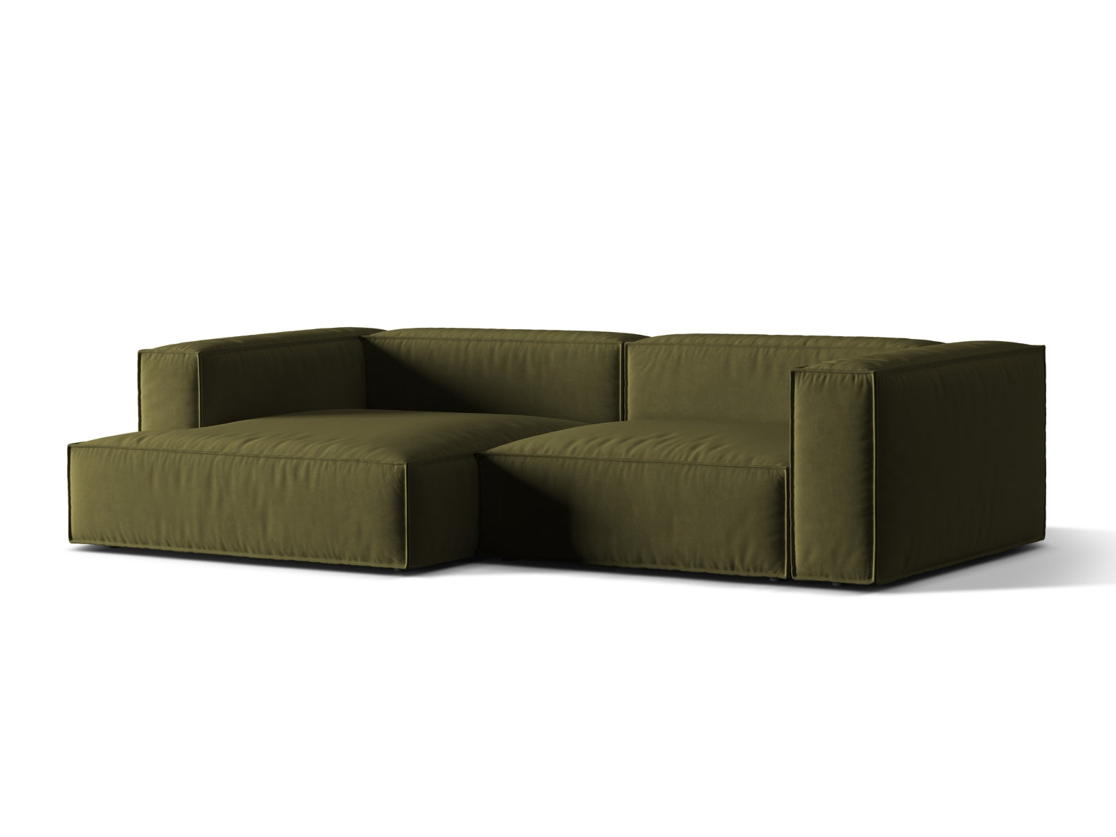 Elegantes Nuria Velour Ecksofa in Moss Green Melange, linksseitig, ideal für stilvolle Wohnräume, präsentiert von Micadoni.