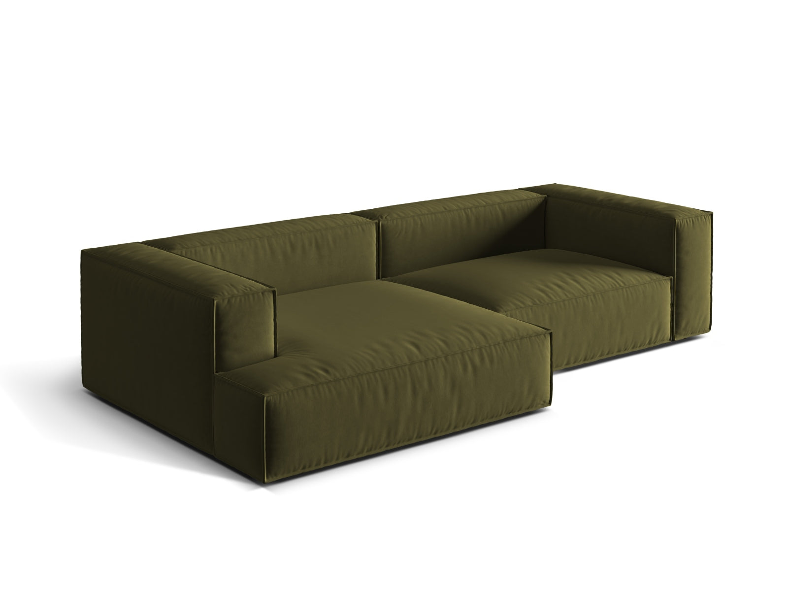 Modulares Nuria Velour Ecksofa in edlem Moss Green Melange, linksseitig, perfekt für moderne und gemütliche Wohnambiente von Micadoni.