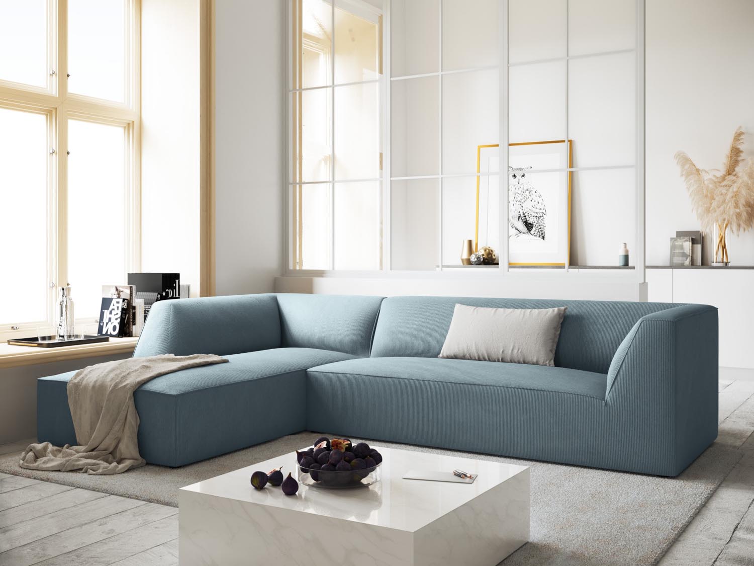 Stylisches Ruby Ecksofa in sanftem Blau, ideal für moderne Wohnräume. Komfortables 4-Sitzer Design von Micadoni, perfekt für entspannte Abende.