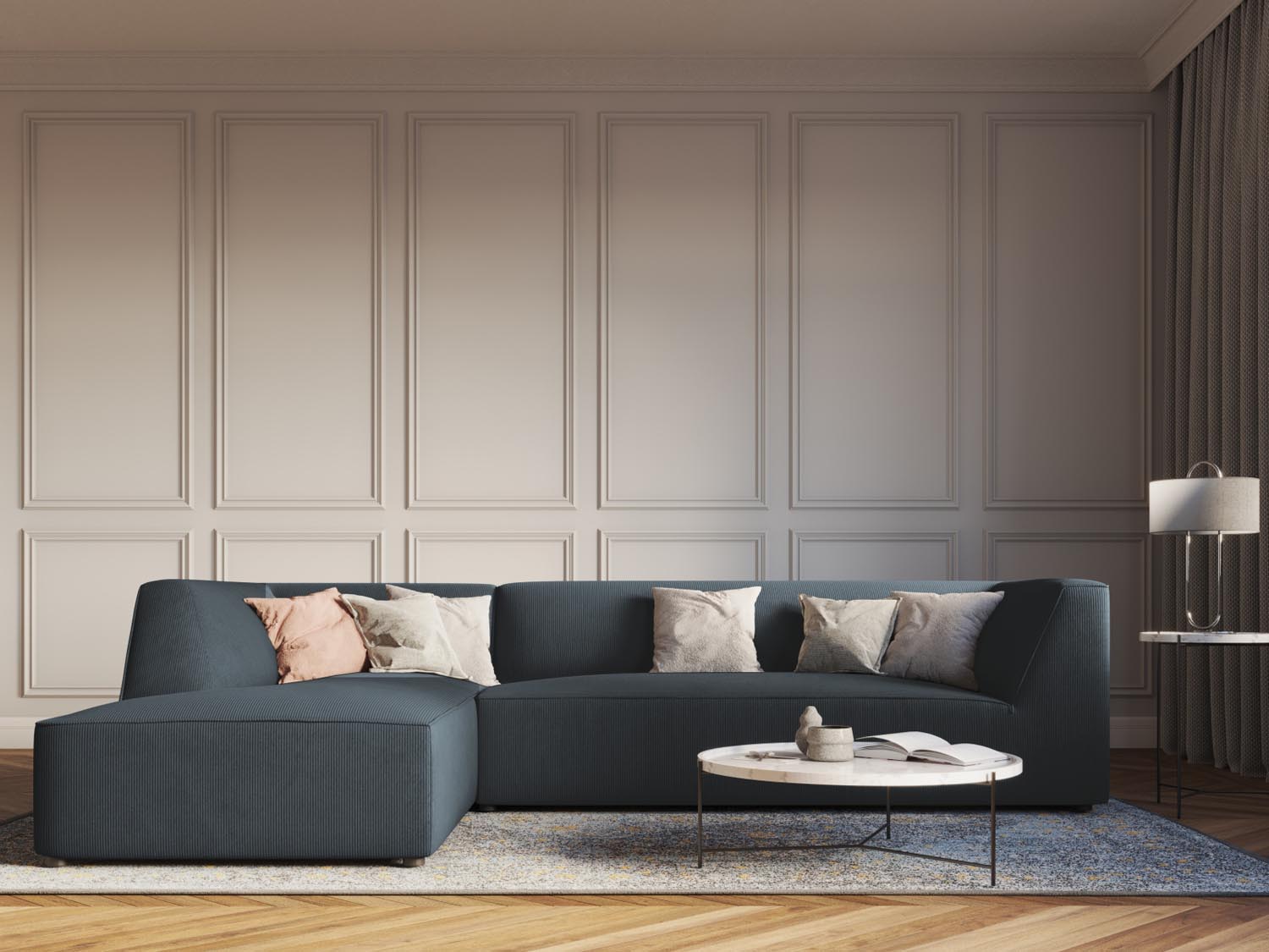 Stylisches Ruby Ecksofa links, 4-Sitzer in modernem Design, ideal für gemütliche Wohnräume, präsentiert von Micadoni.