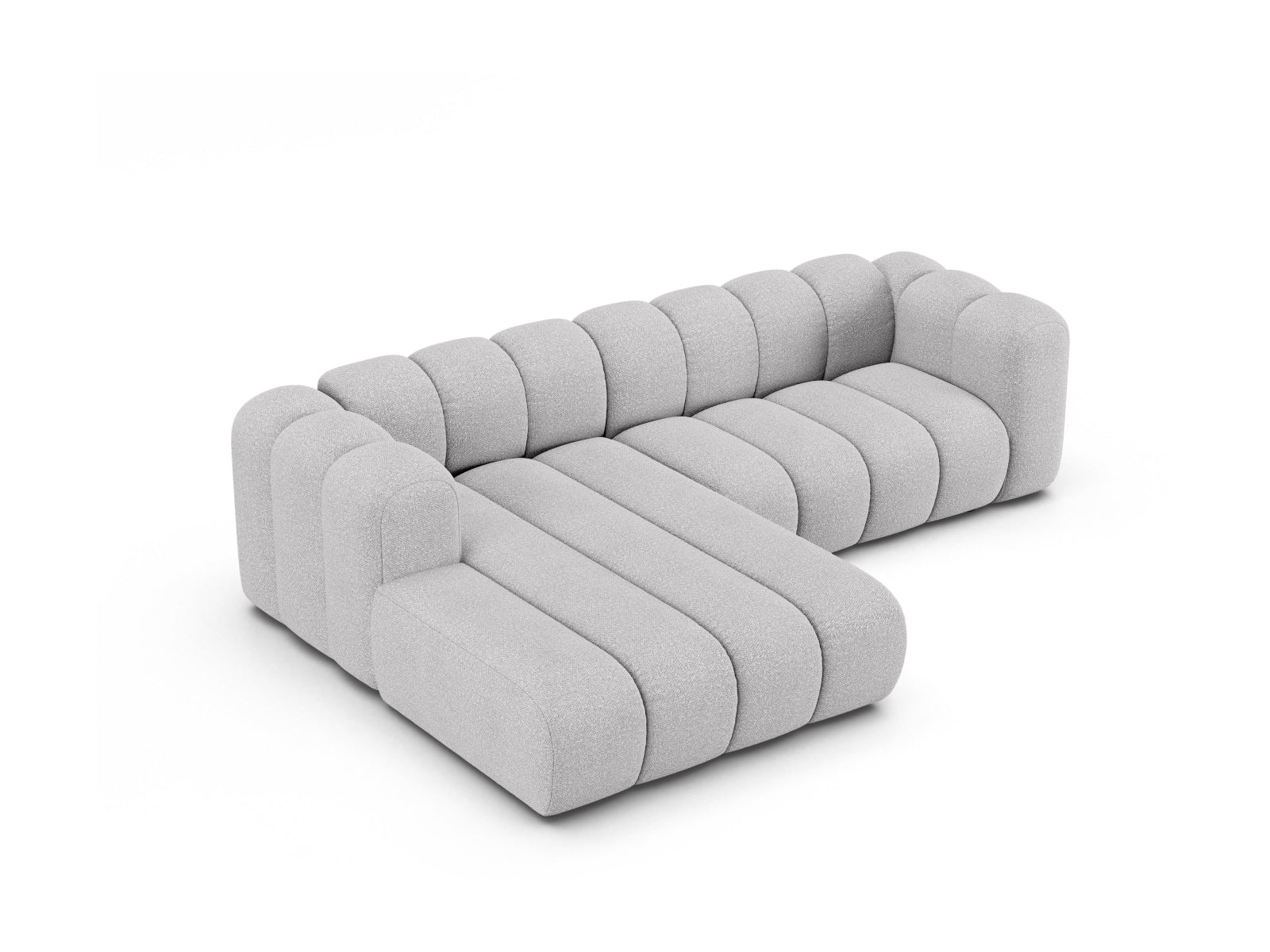 Modernes, graues Lupine Boucle Ecksofa links für 4 Personen, perfekt für gemütliche und stilvolle Wohnzimmer, angeboten von Micadoni.
