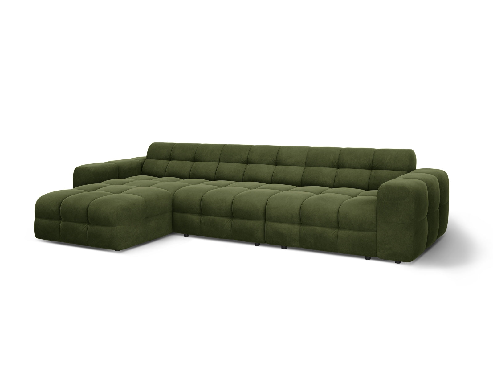 Modernes Kendal Velour Ecksofa in Army Green, linksseitig, bietet Platz für 5 Personen und vereint Stil mit hohem Sitzkomfort.