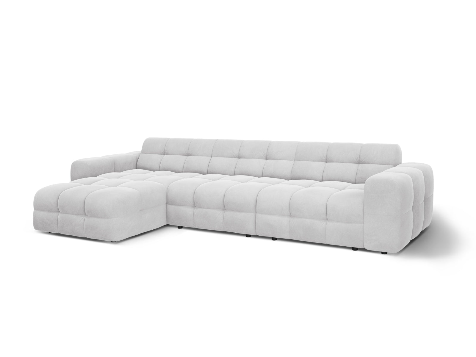 Modernes Kendal Velour Ecksofa in sanftem Hellgrau, 5-Sitzer, linksseitig, perfekt für gemütliche und stilvolle Wohnambiente von Micadoni.