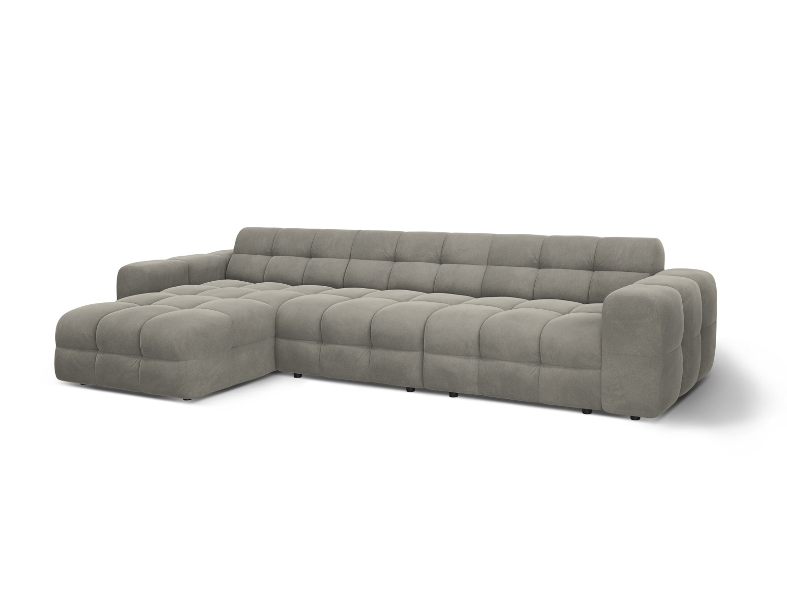 Modernes Kendal Velour L-Sofa in edlem Dunkelgrau, perfekt für gemütliche Abende. 5-Sitzer von Micadoni für jeden Wohnstil.