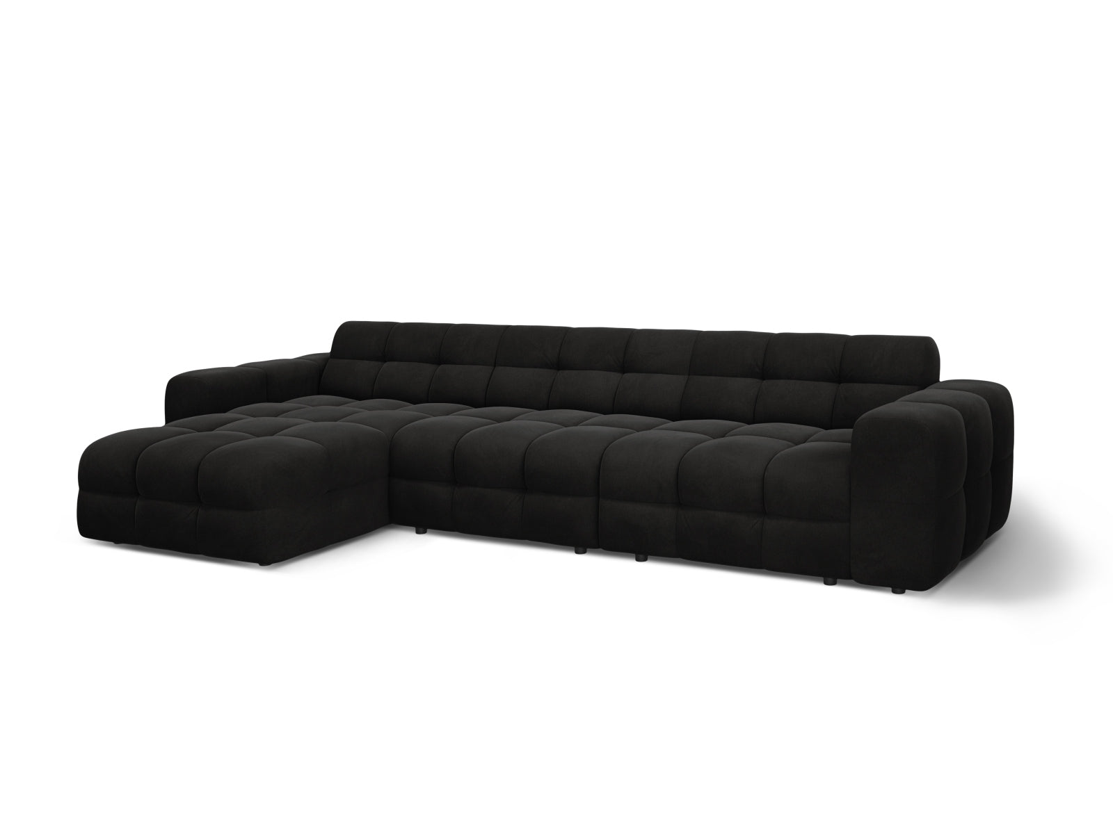 Modernes Kendal Velour L-Sofa in Schwarz, 5-Sitzer, perfekt für gemütliche Wohnzimmer und stilvolle Einrichtung, erhältlich bei Micadoni.