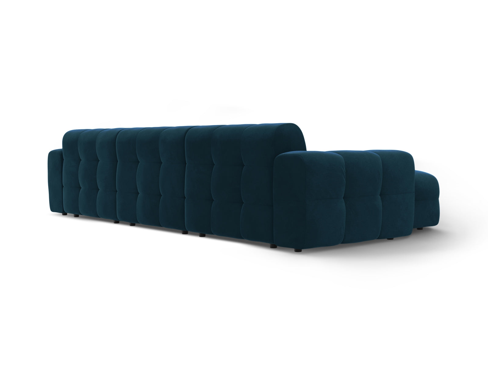 Elegantes linksseitiges Ecksofa Kendal in luxuriösem Velours, 5-Sitzer in stilvollem Navy Blue, ideal für stilvolle Wohnräume.