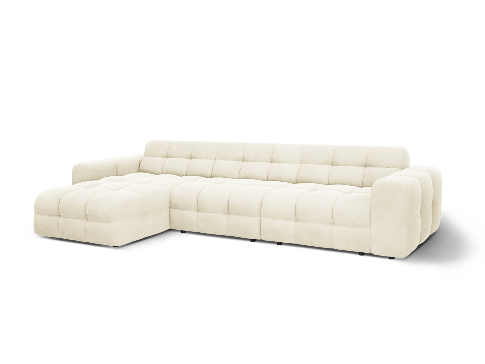 Luxuriöses Kendal Velour L-Sofa in sanftem Ivory, 5-Sitzer, linksseitig, perfekt für moderne und elegante Wohnambiente von Micadoni.