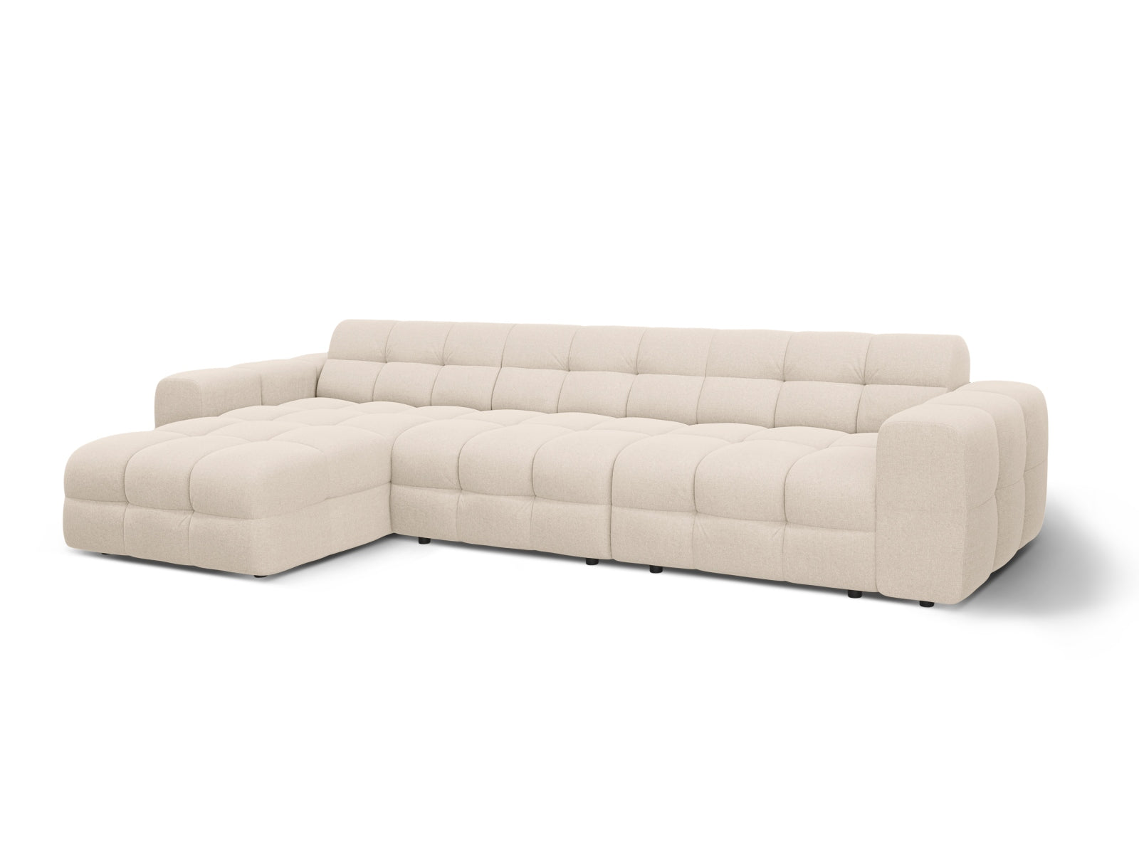 Beige Kendal Ecksofa links, 5 Sitzer, modernes L-Sofa von Micadoni, perfekt für stilvolle Wohnzimmer, bietet hohen Komfort und ansprechendes Design.