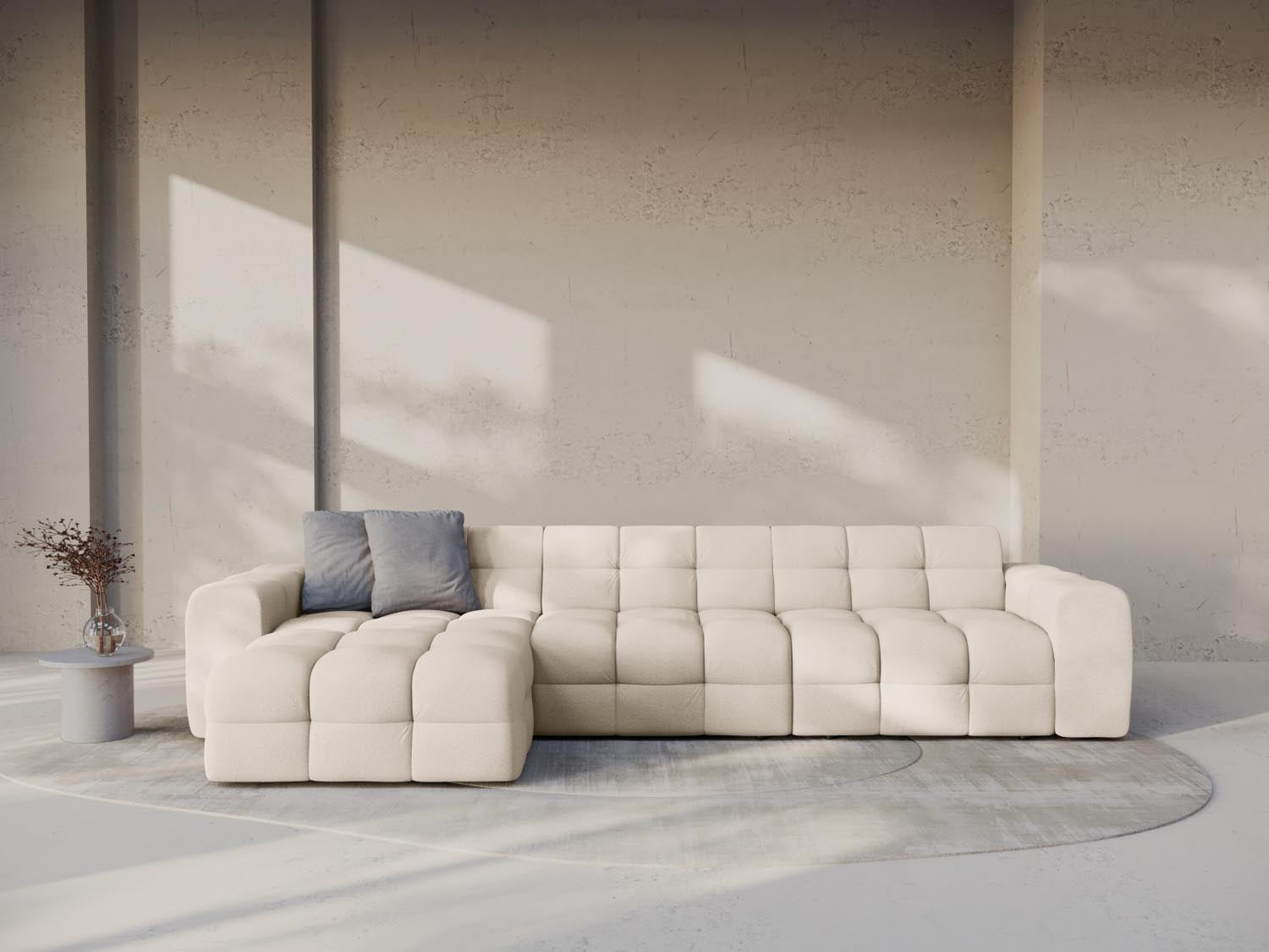 Beige Kendal Ecksofa links, 5 Sitzer, stilvolles L-Sofa von Micadoni, ideal für moderne Wohnräume, bequem und elegant.