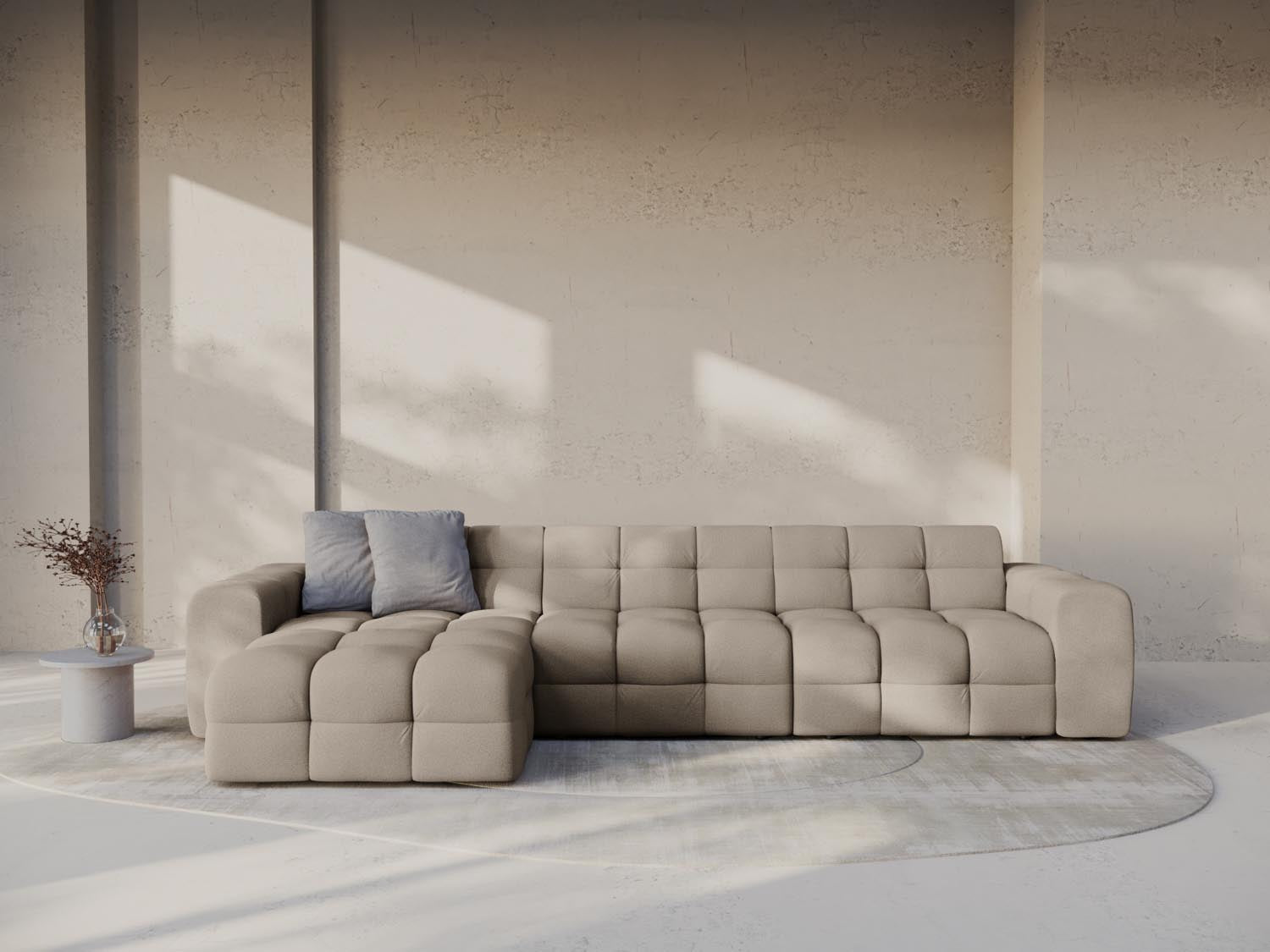 Stylisches Kendal Ecksofa links, 5-Sitzer in elegantem Dunkelbeige, ideal für moderne Wohnräume, präsentiert von Micadoni.