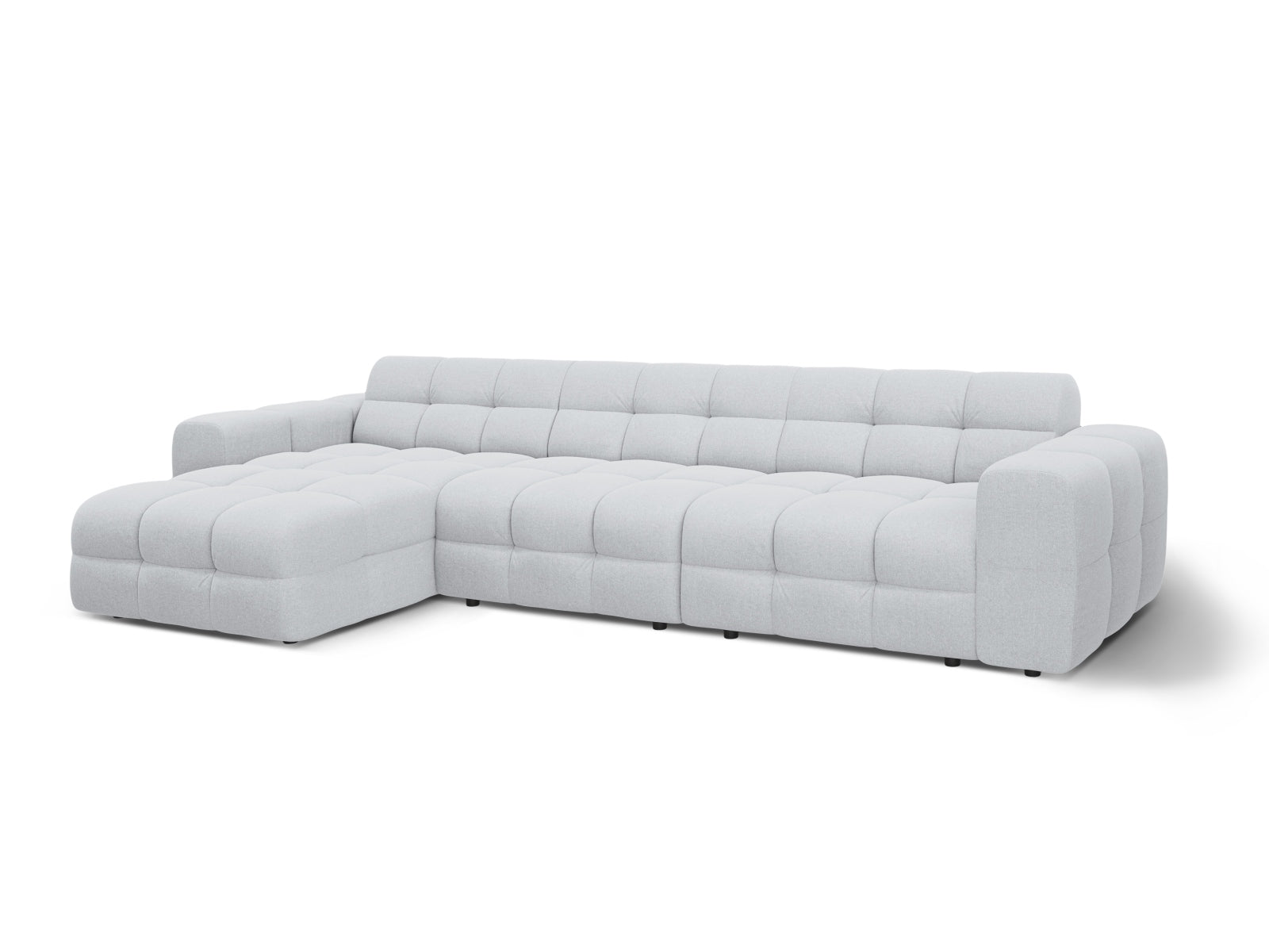 Elegantes Kendal Ecksofa links, 5-Sitzer in sanftem Grau, perfekt für zeitgemäße Wohnkonzepte, angeboten von Micadoni.