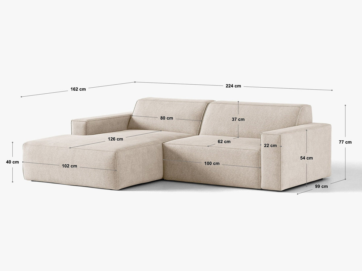 Modulares Ecksofa links Jodie von Micadoni in leichtem Beige mit Venus Samtstoffbezug und schwarzen Polypropylen-Beinen, 6-Sitzer Ausführung.