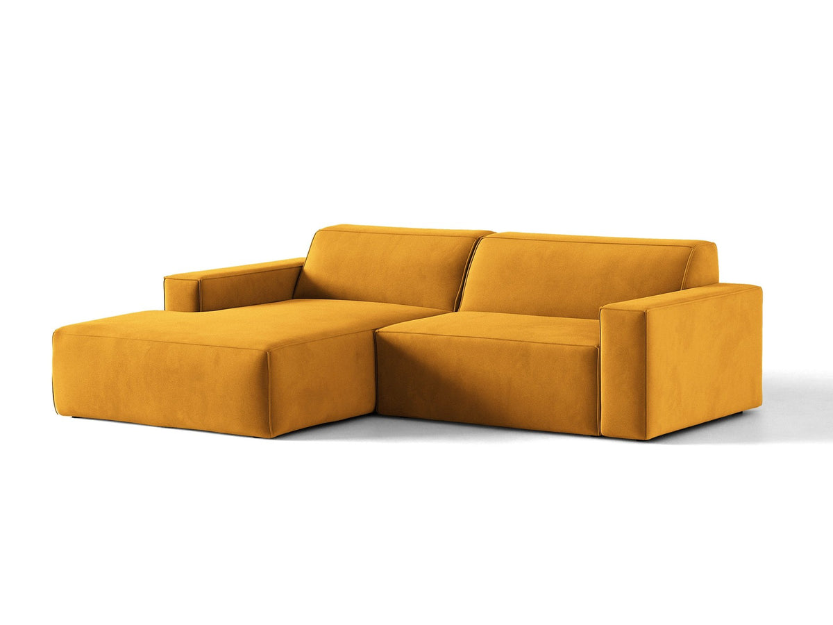 Modulares Ecksofa links Jodie von Micadoni in leichtem Beige mit Venus Samtstoffbezug und schwarzen Polypropylen-Beinen, 6-Sitzer Ausführung.