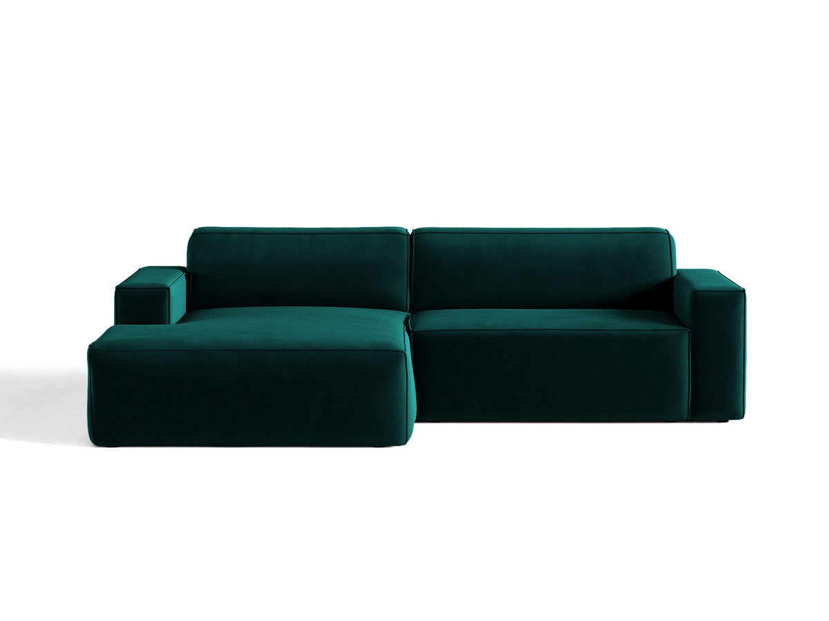 Modulares Ecksofa links Jodie von Micadoni in leichtem Beige mit Venus Samtstoffbezug und schwarzen Polypropylen-Beinen, 6-Sitzer Ausführung.