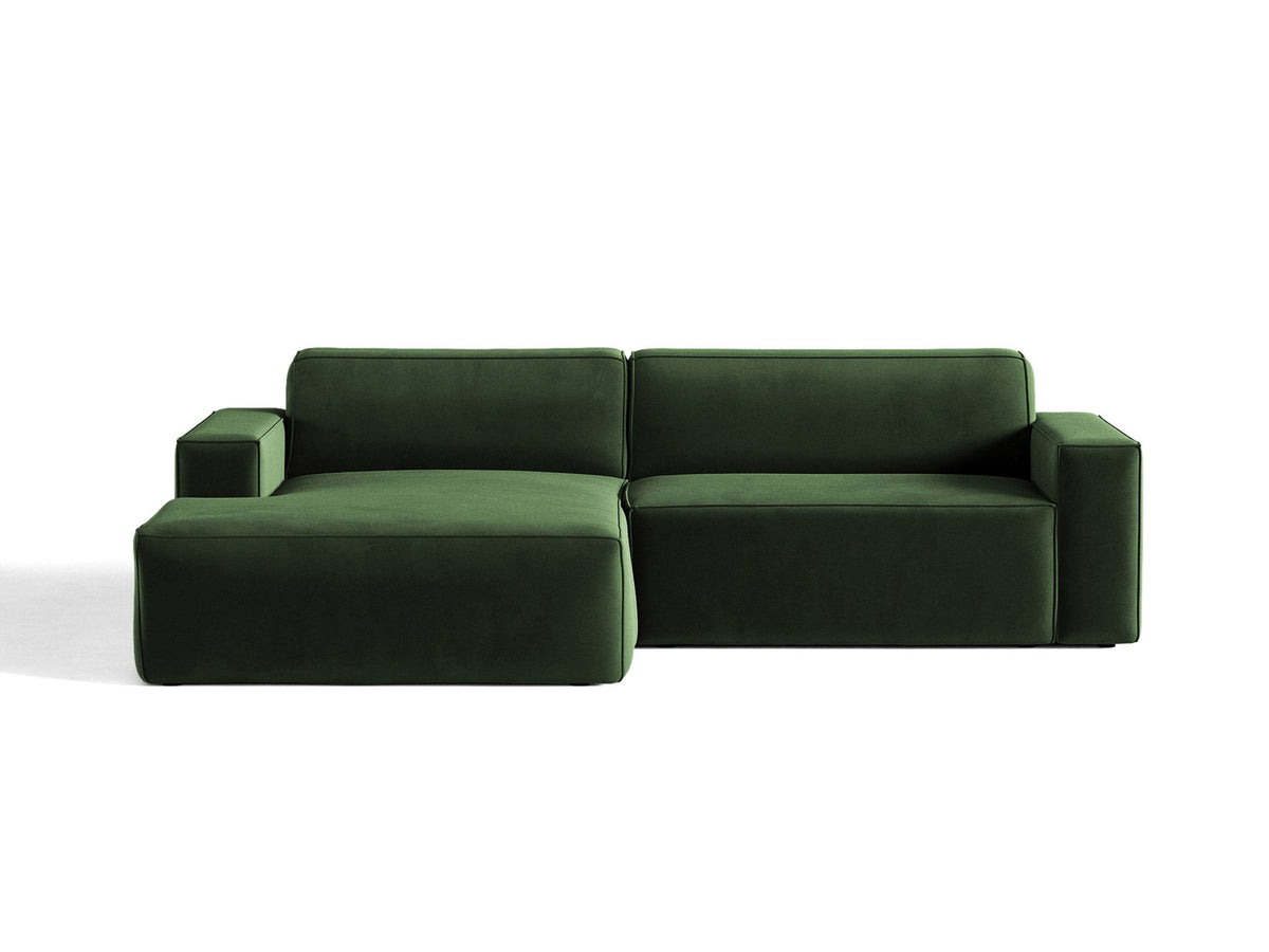 Modulares Ecksofa links Jodie von Micadoni in leichtem Beige mit Venus Samtstoffbezug und schwarzen Polypropylen-Beinen, 6-Sitzer Ausführung.