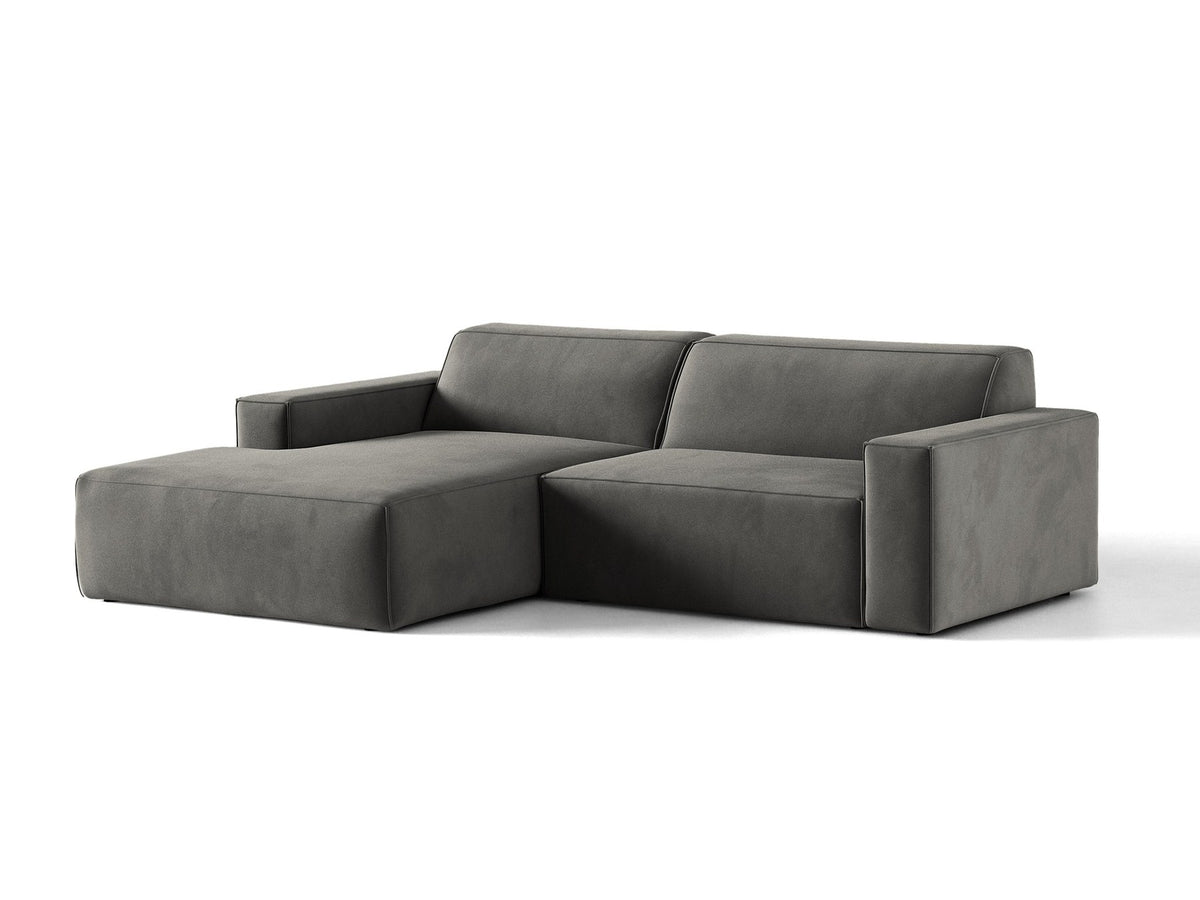 Modulares Ecksofa links Jodie von Micadoni in leichtem Beige mit Venus Samtstoffbezug und schwarzen Polypropylen-Beinen, 6-Sitzer Ausführung.