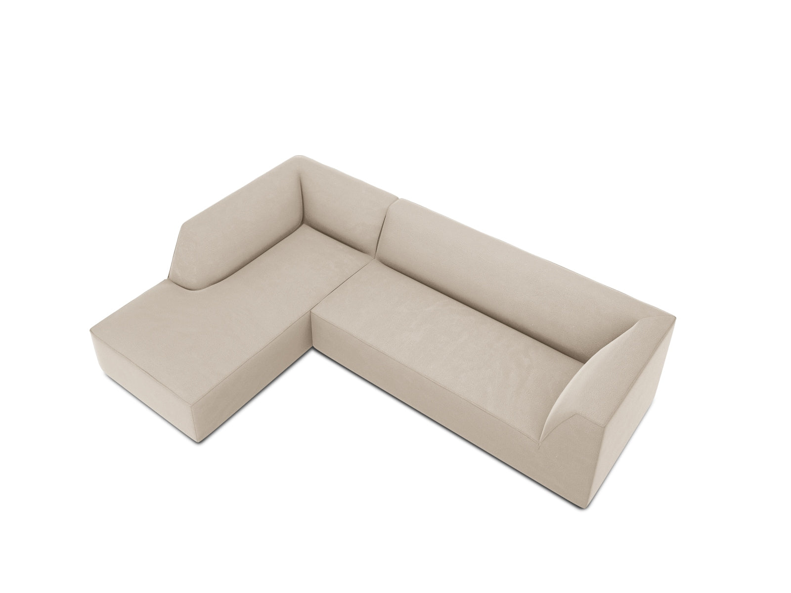 Elegantes, modulares Ecksofa in edlem Ruby Velour, linksseitig, ideal für entspannte Stunden und modernes Wohndesign.
