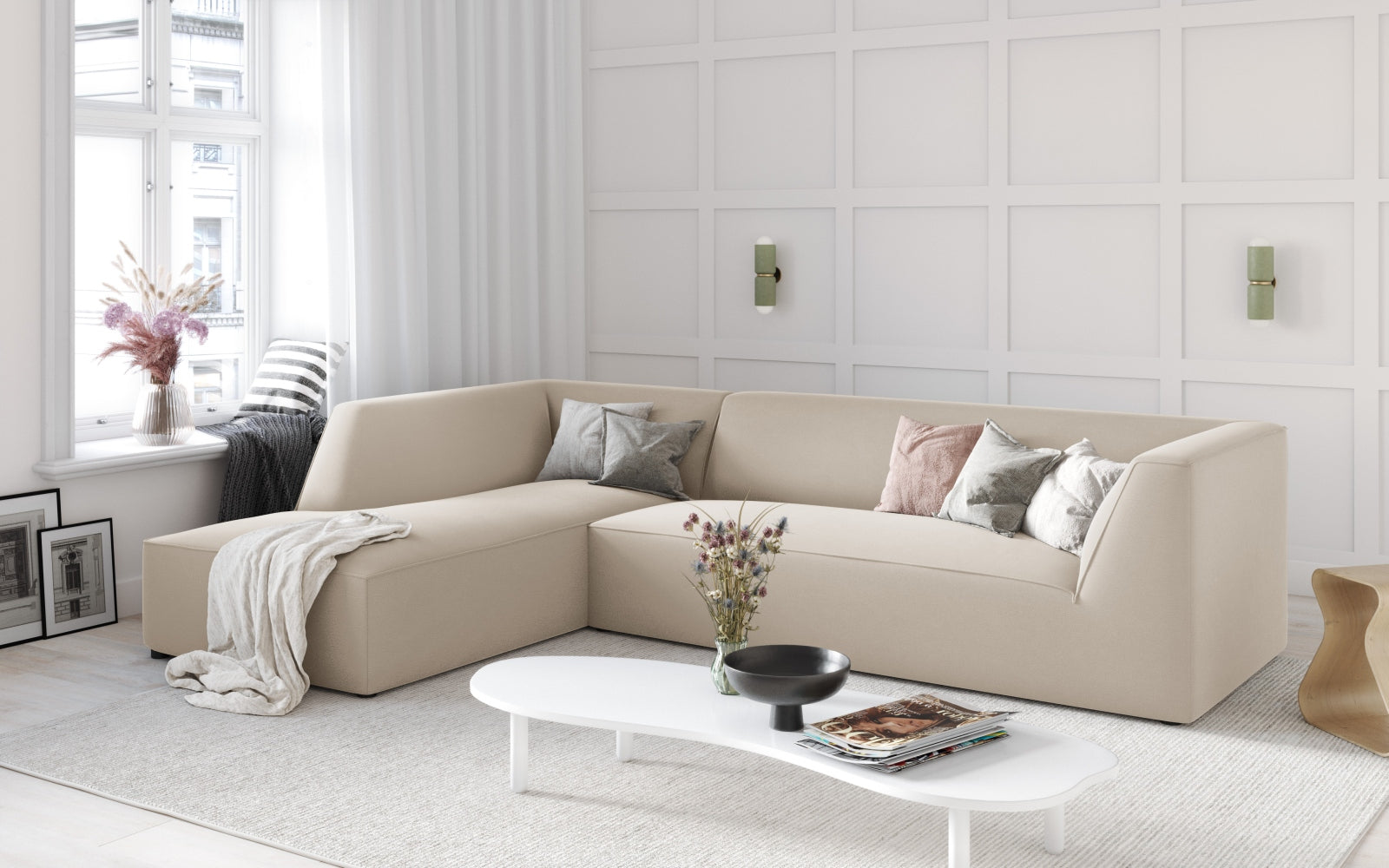 Elegantes Ruby Velour Ecksofa in stilvollem Rot, modular und linksseitig, ideal für moderne Wohnräume. Komfort und Design vereint.