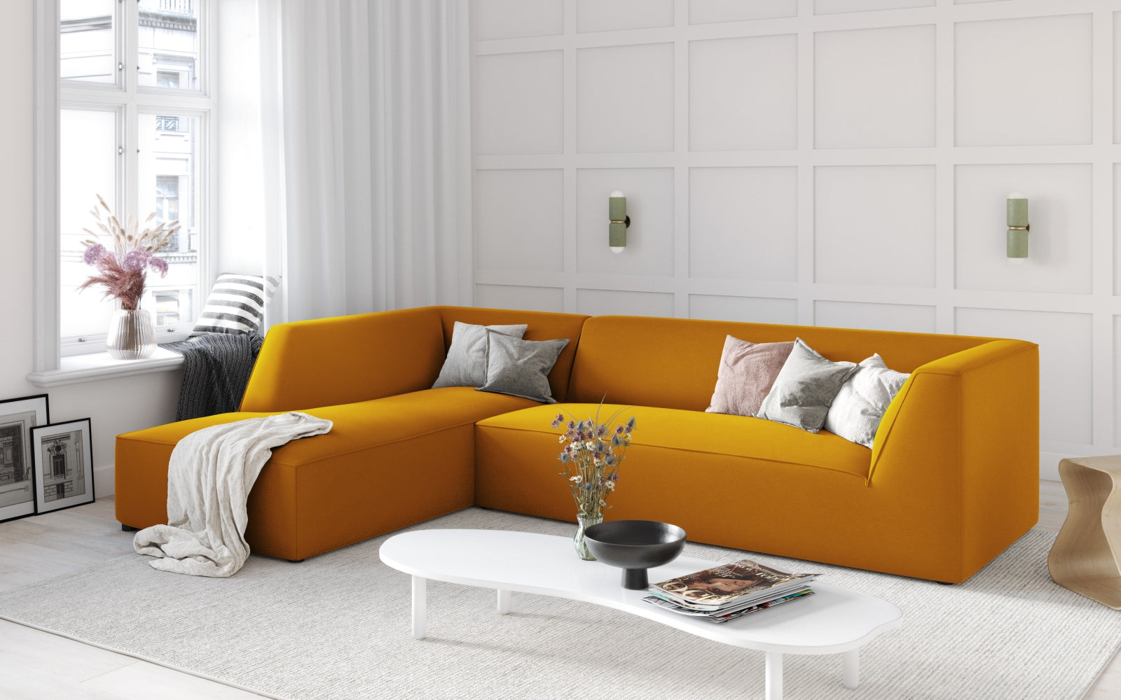 Elegantes Ruby Velour Ecksofa links in stilvollem Design, ideal für moderne Wohnräume. Komfortabel und vielseitig einsetzbar.
