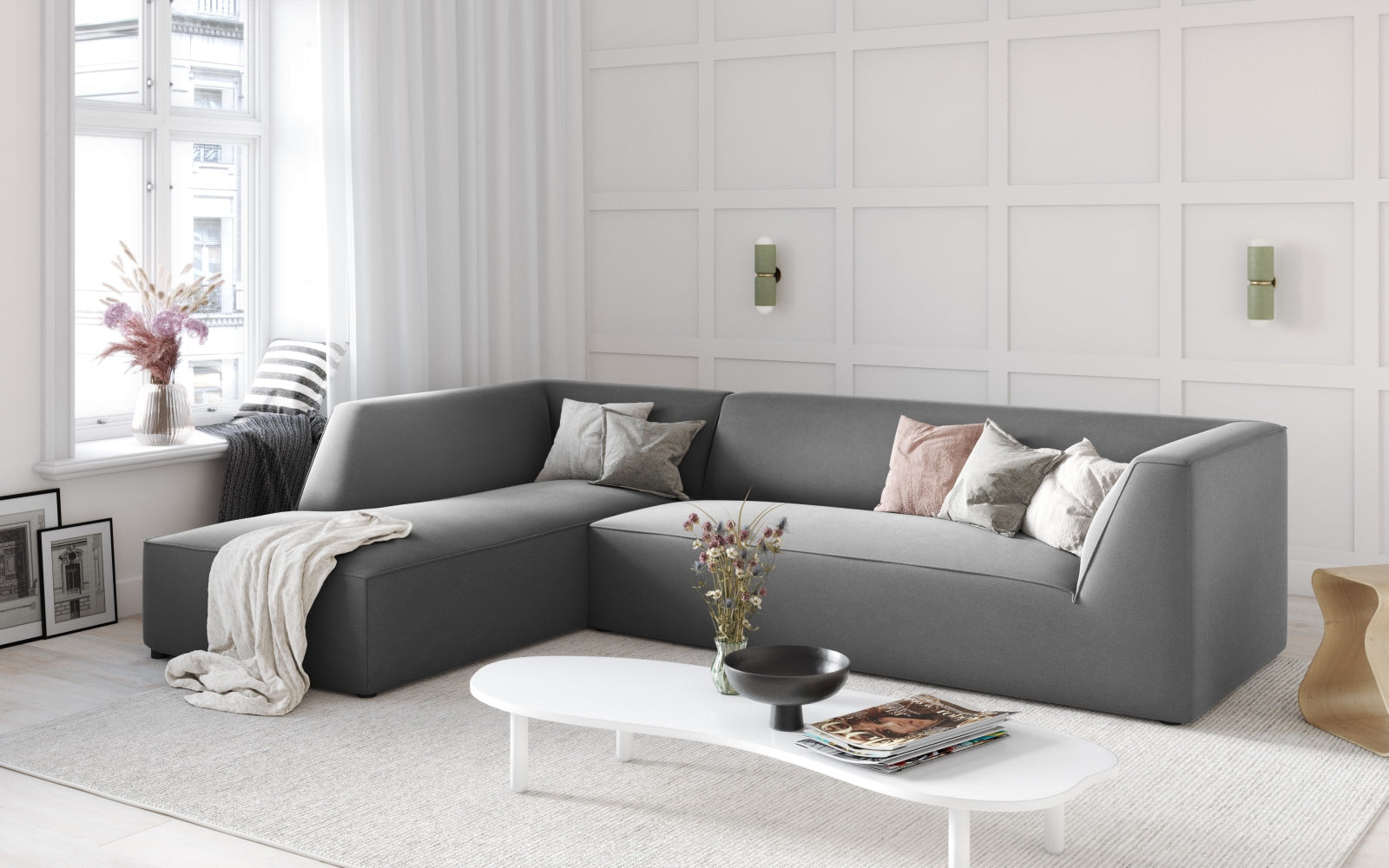 Elegantes Ruby Velour Ecksofa in stilvollem Design, ideal für moderne Wohnräume. Modular und komfortabel, perfekt für entspannte Abende.