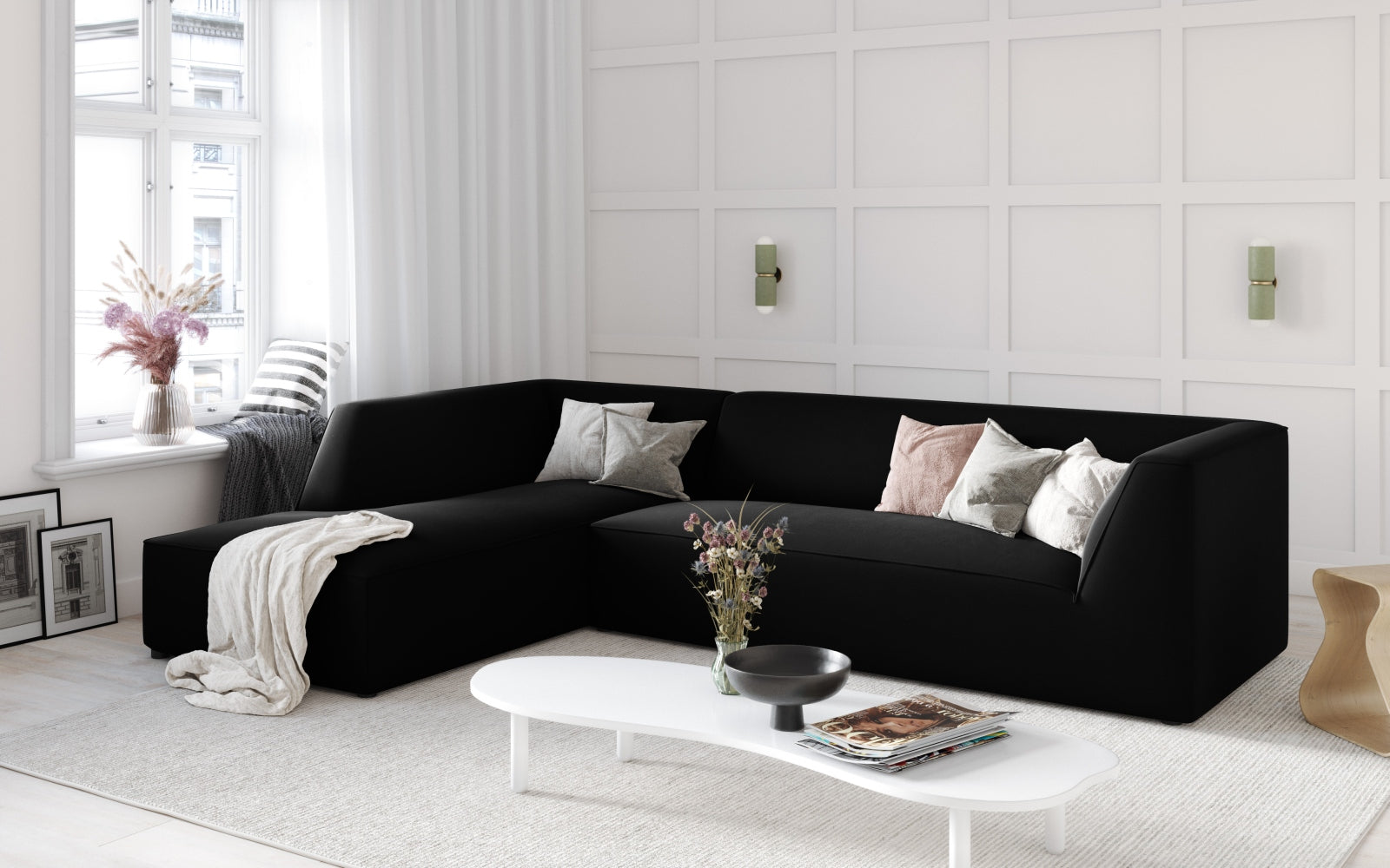 Elegantes Ruby Velour Ecksofa links, 4-Sitzer, in stilvollem Design, ideal für moderne Wohnräume, präsentiert von Micadoni.