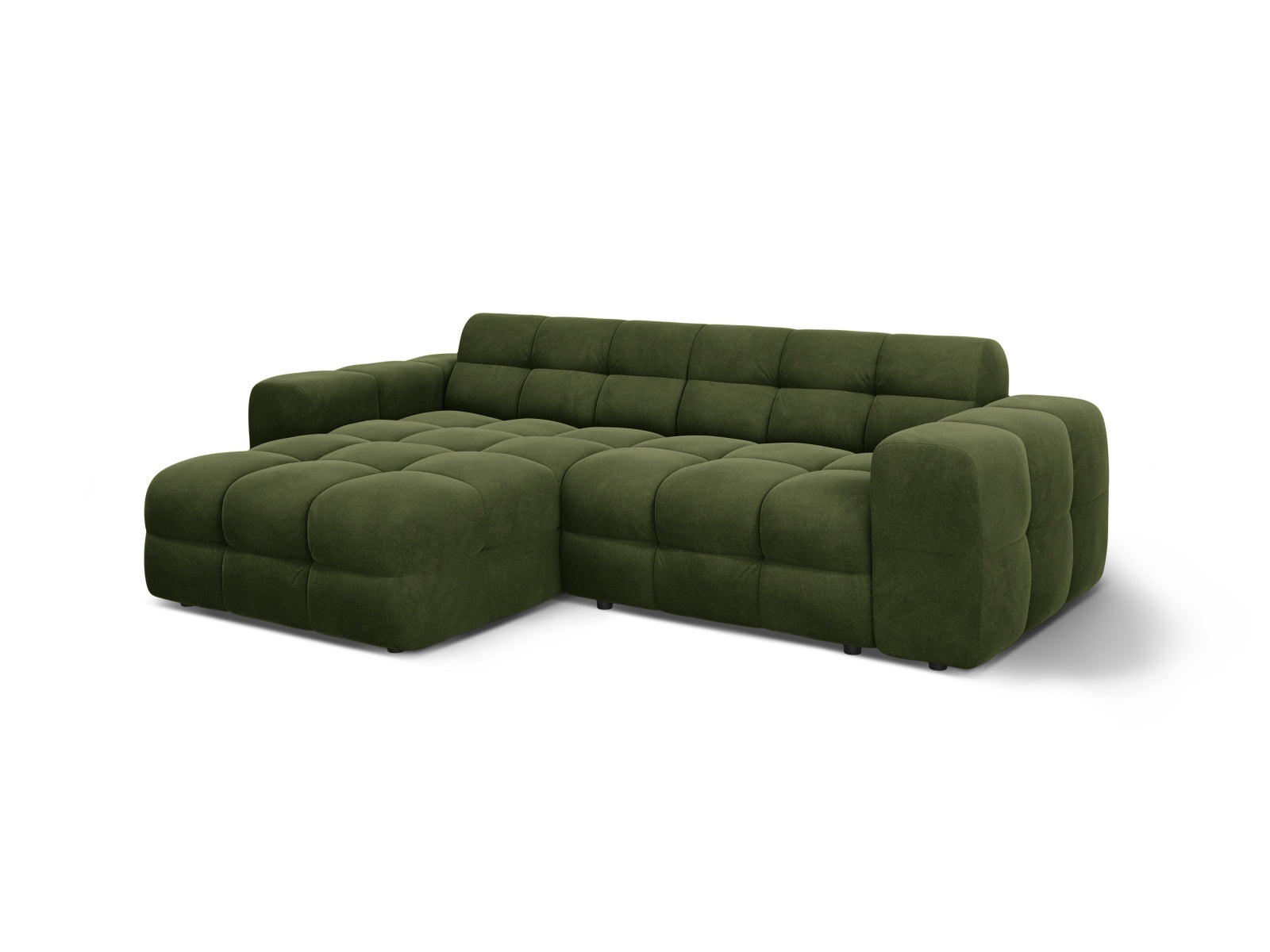 Modernes Kendal Velour L-Sofa in Army Green, bietet Platz für 4 Personen und verleiht jedem Raum eine stilvolle Note.