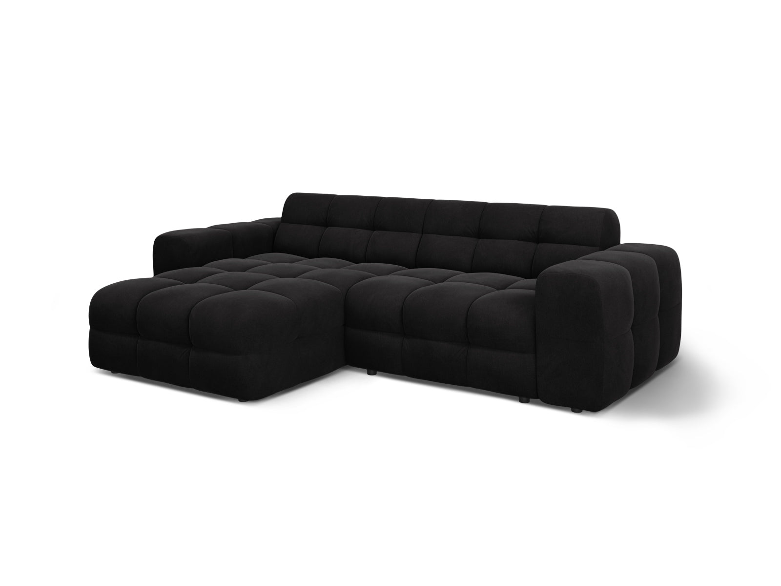 Modernes Kendal Velour Ecksofa in Schwarz, linksseitig, bietet Platz für 4 Personen und vereint Stil mit hohem Sitzkomfort.