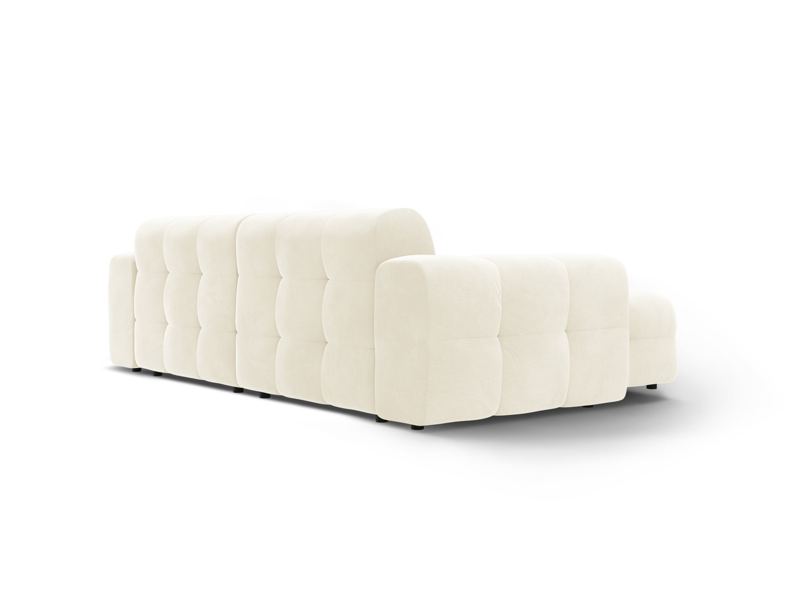 Elegantes Kendal Velour Ecksofa in zartem Ivory, ideal für stilvolle Wohnräume. 4-Sitzer mit linksseitiger Sitzfläche von Micadoni.