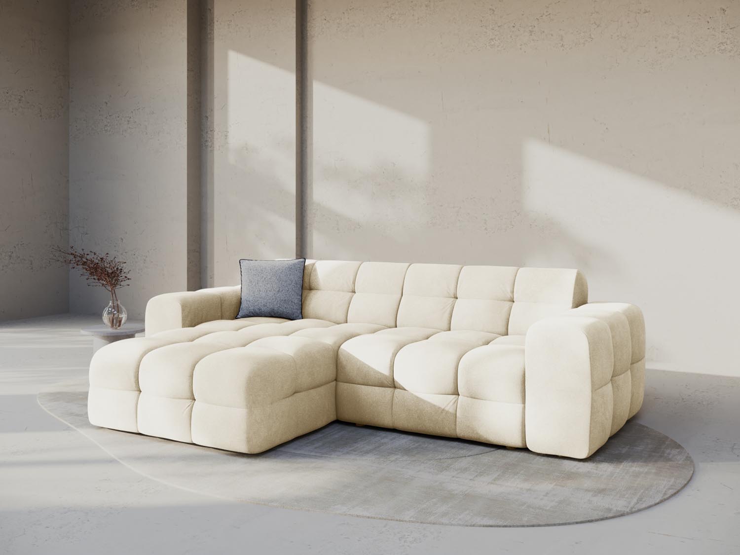 Elegantes Kendal Velour Ecksofa in Ivory, ideal für stilvolle Wohnräume. Komfortables 4-Sitzer Design von Micadoni, linksseitig.