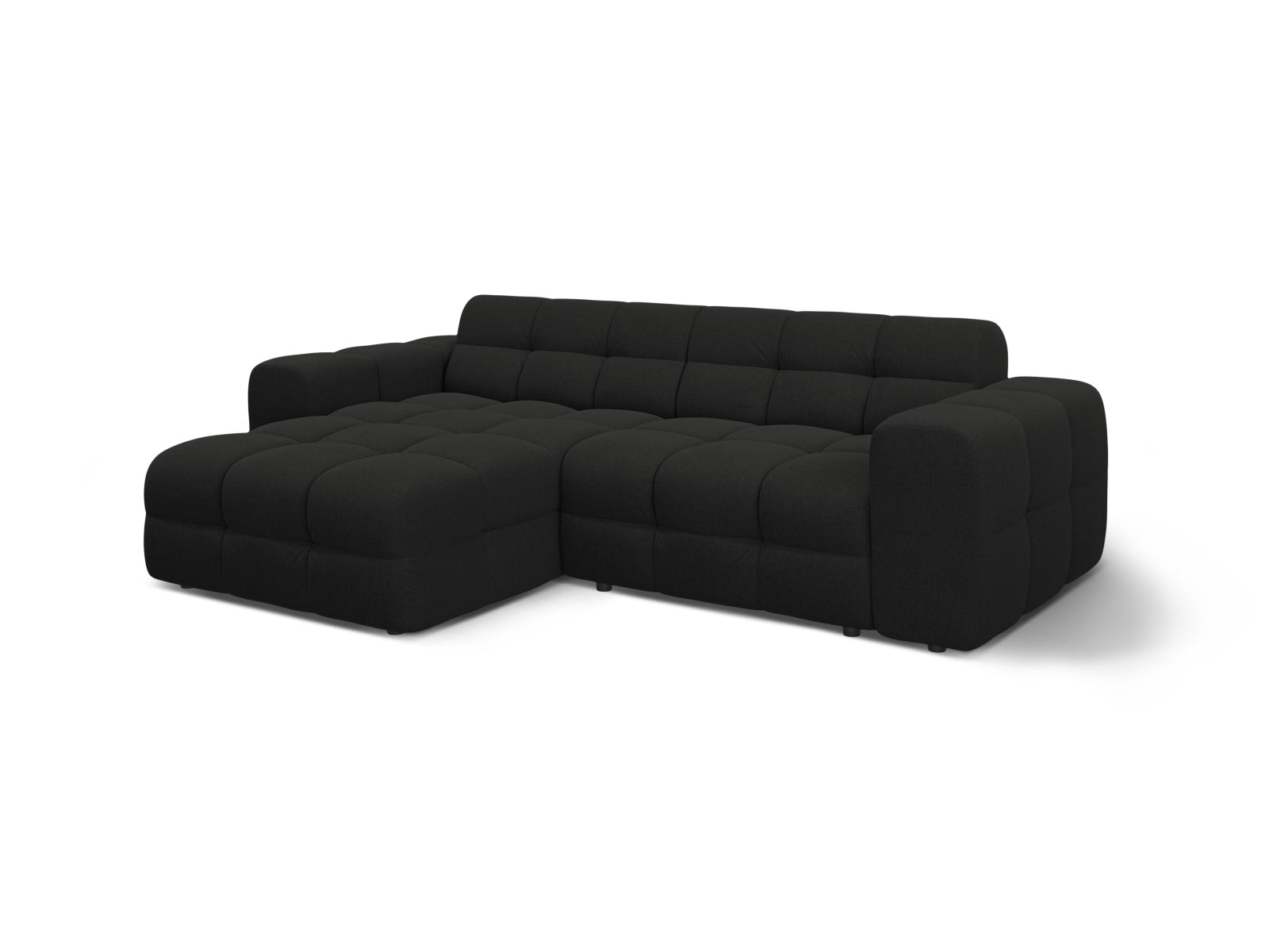 Modernes Kendal L-Sofa links, 4-Sitzer in edlem Schwarz, perfekt für stilvolle Wohnzimmer und entspannte Stunden mit Freunden.