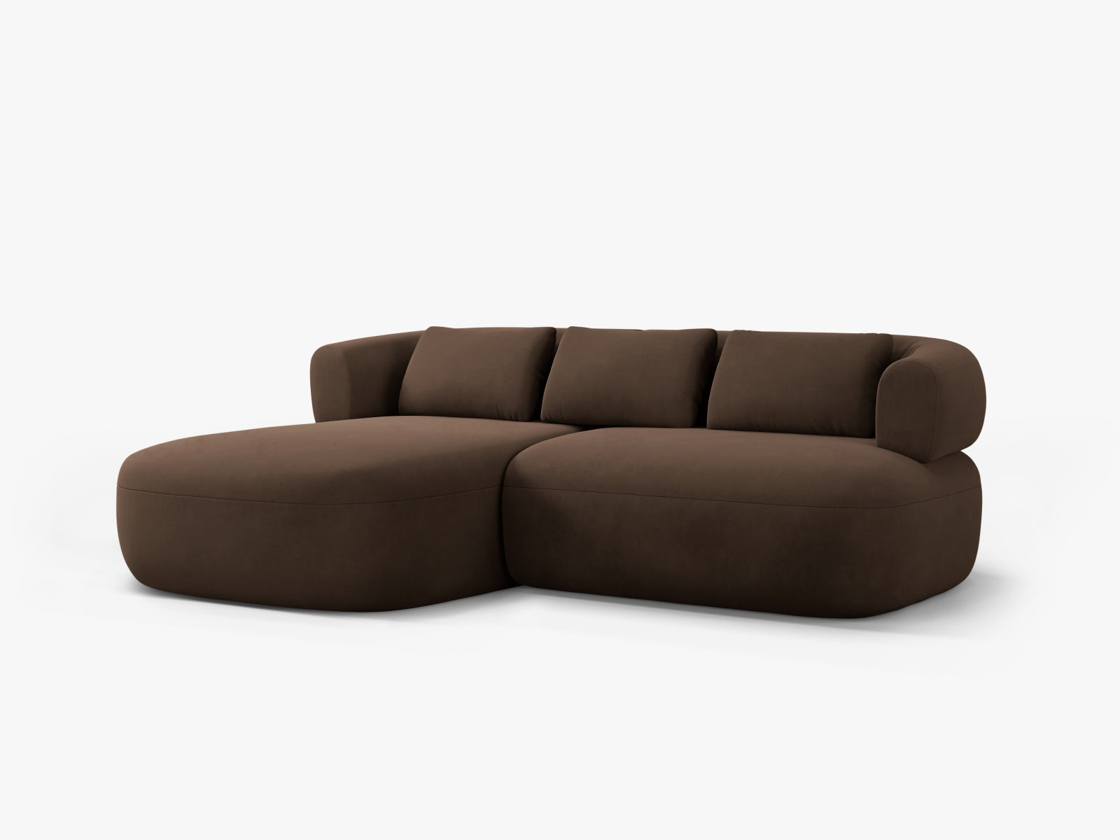 Modernes 5-Sitzer Ecksofa Jenny in edlem Velours, linksseitig, in schickem Chocolate-Salvador, perfekt für gemütliche und stilvolle Wohnzimmer.