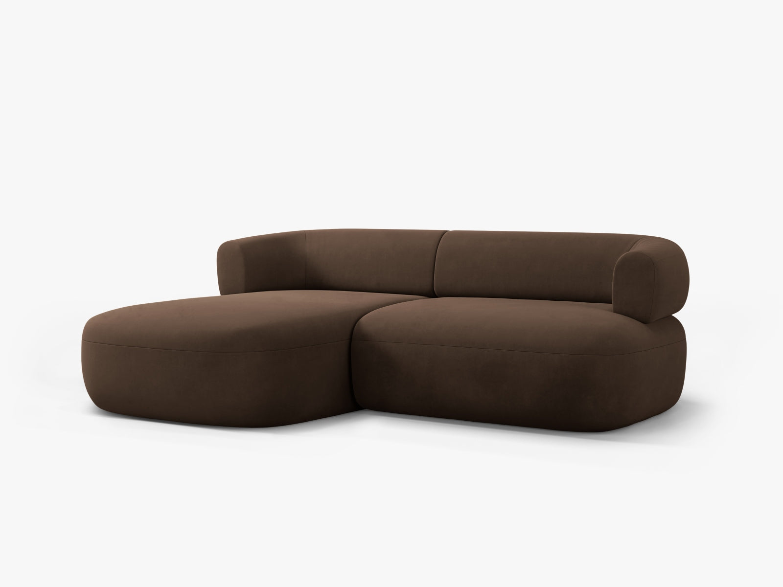 Elegantes 5-Sitzer Ecksofa Jenny aus weichem Velours, linksseitig, in trendigem Chocolate-Salvador, ideal für stilvolle Wohnräume.