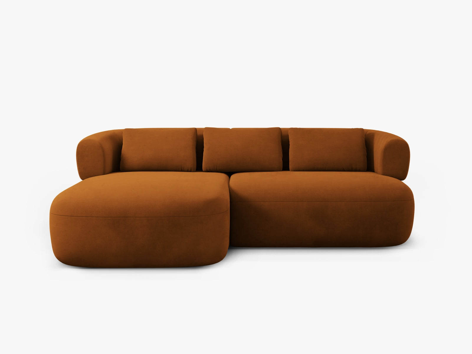 Elegantes 5-Sitzer Ecksofa Jenny in weichem Velours, linksseitig, in warmem Terracotta für stilvolle und einladende Wohnräume.
