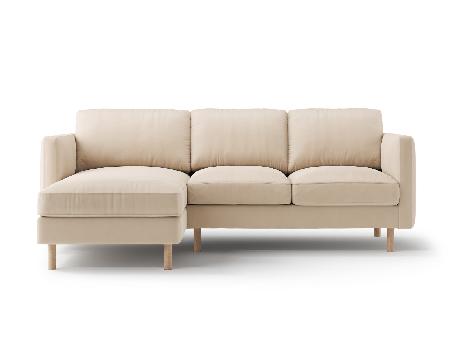 Elegantes linksseitiges Ecksofa Eden Velour in zartem Nude-Paris, ideal für gemütliche Abende und geschmackvolle Wohnräume.