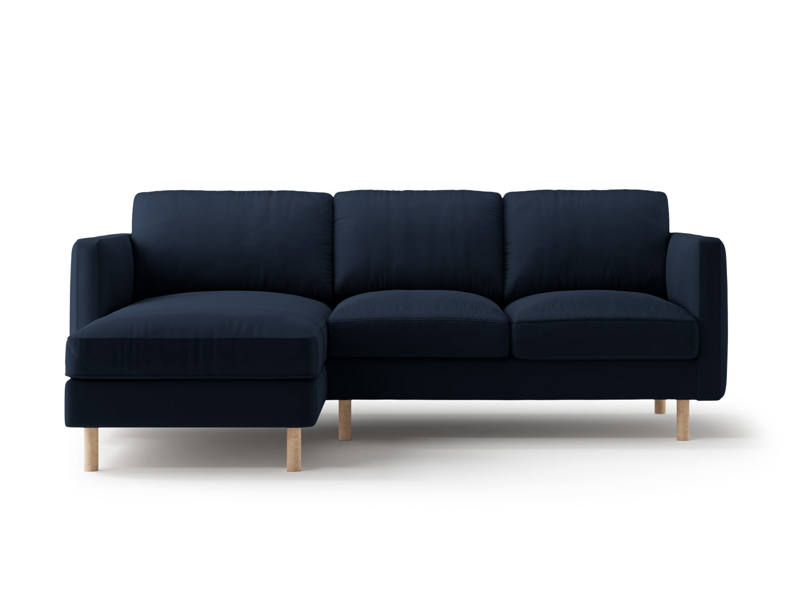Elegantes 3-Sitzer Ecksofa Eden Velour in sattem Blau, linksseitig, ideal für stilvolle Wohnräume und gesellige Abende.