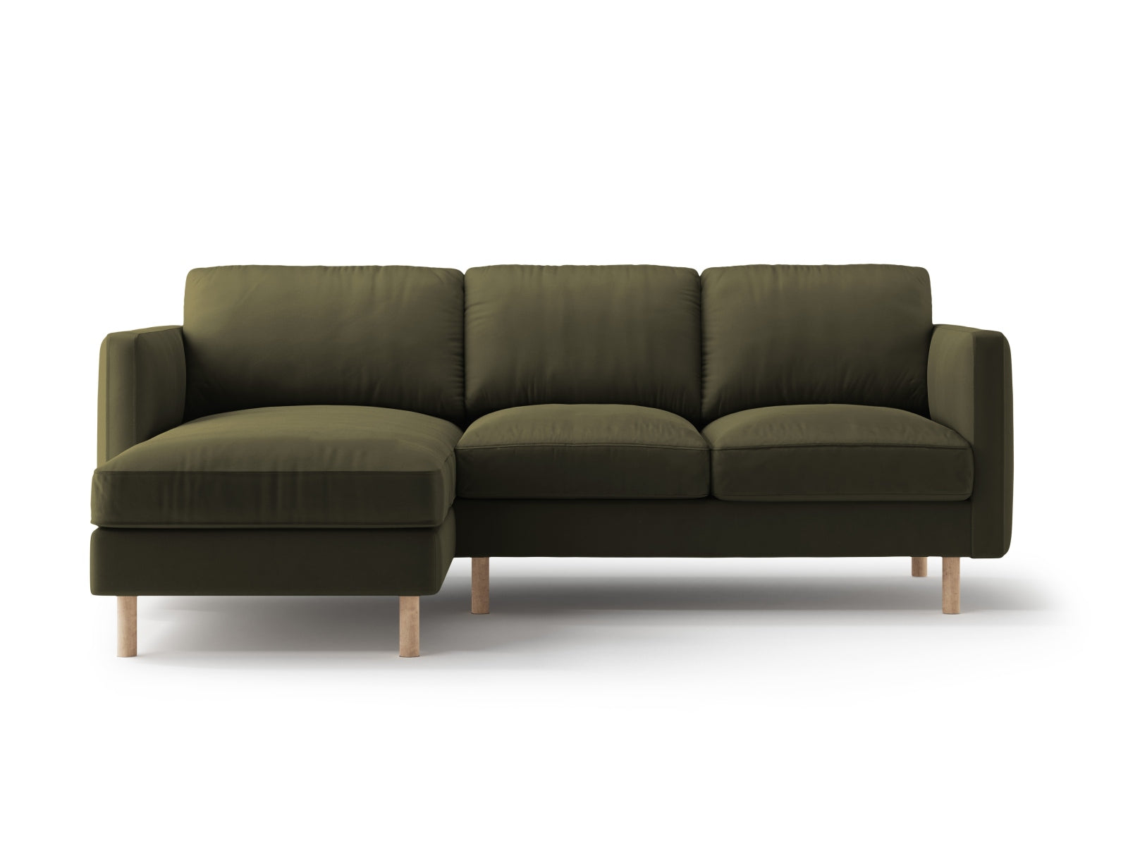 Elegantes linksseitiges Ecksofa Eden Velour in moosgrün, ideal für stilvolle Wohnräume und entspannte Stunden mit Liebsten.