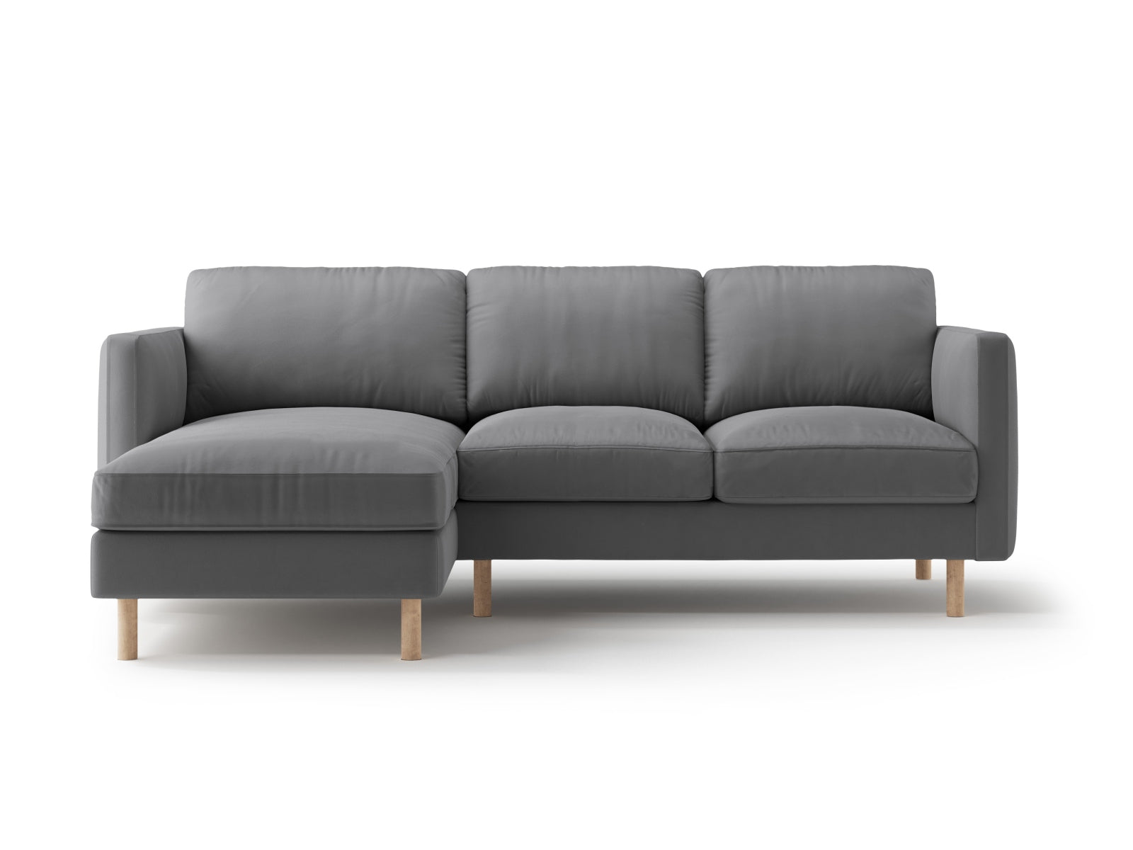 Elegantes 3-Sitzer Ecksofa Eden Velour in modernem Grau, linksseitig, ideal für komfortable und stilvolle Wohnräume von Micadoni.