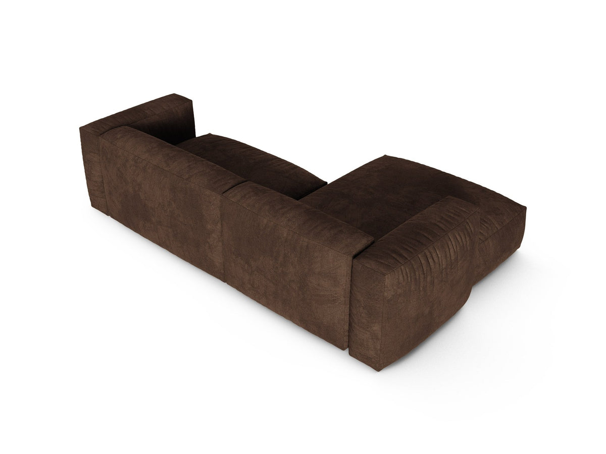 Ecksofa links Martina von Micadoni in Schokolade-Veloursstoff, XL-Grösse mit Polypropylen-Beinen und modularer Sitzfläche.