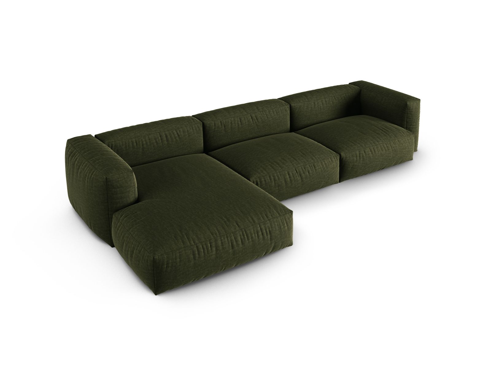 Modulares 3-Sitzer Ecksofa links Martina in stilvollem Green-Boston, ideal für gemütliche Abende und zeitgemäße Einrichtung.