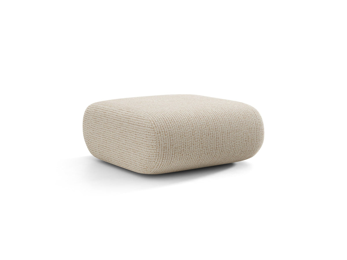 Pouf Neo von Micadoni in dunklem Olivgrün mit Bouclé-Stoffbezug und niedrigen Beinen aus Polypropylen, quadratische Sitzform.