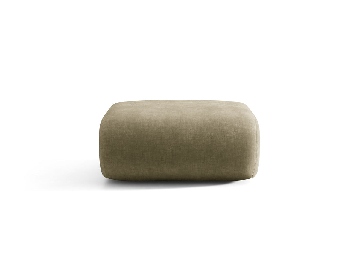 Pouf Neo von Micadoni in dunklem Olivgrün mit Bouclé-Stoffbezug und niedrigen Beinen aus Polypropylen, quadratische Sitzform.