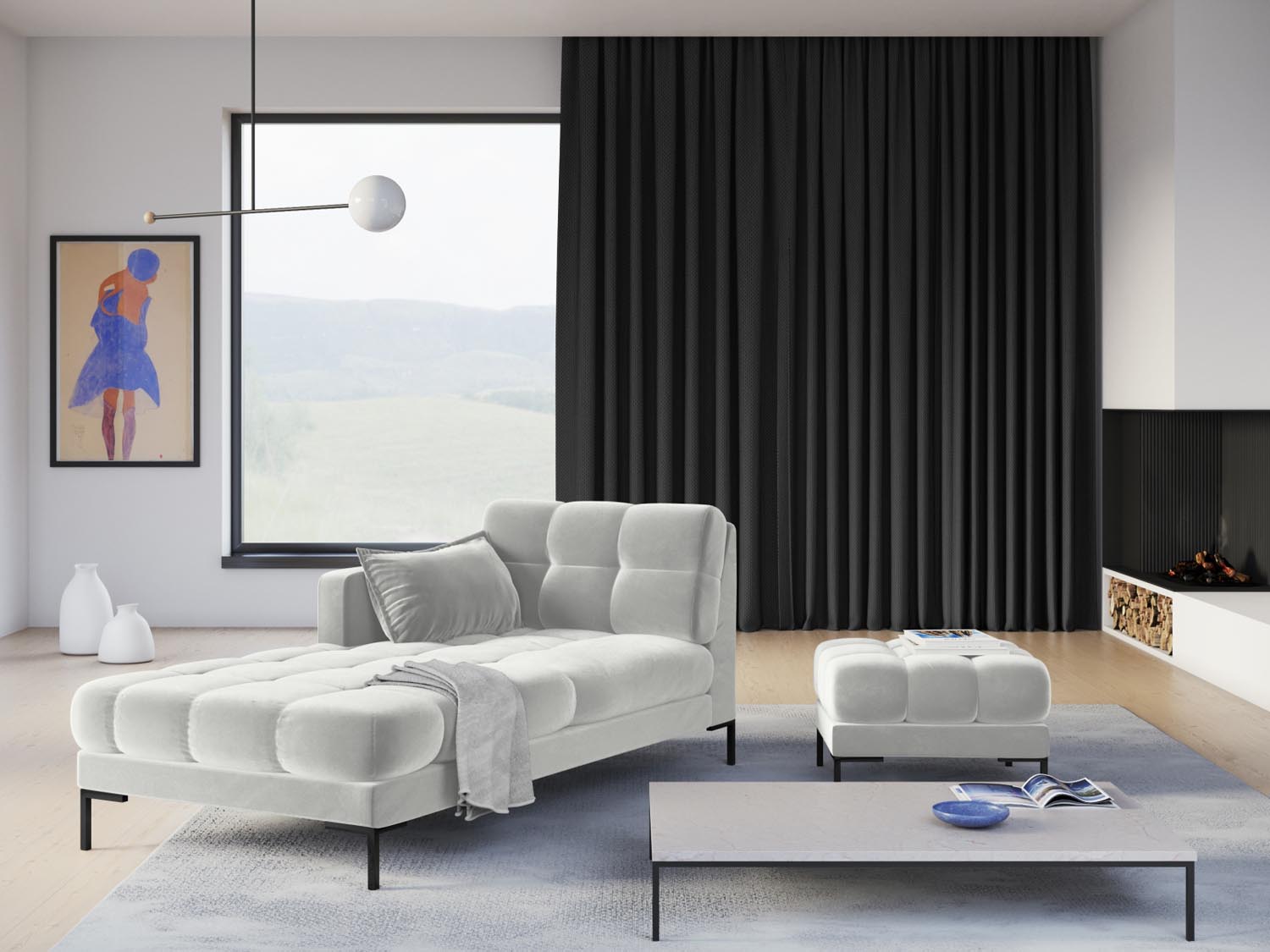 Eleganter Mamaia Velour Pouf in Silber und Schwarz-Bluvel, ideal für stilvolle Akzente in jedem Raum. Perfekt für zusätzlichen Sitzkomfort.