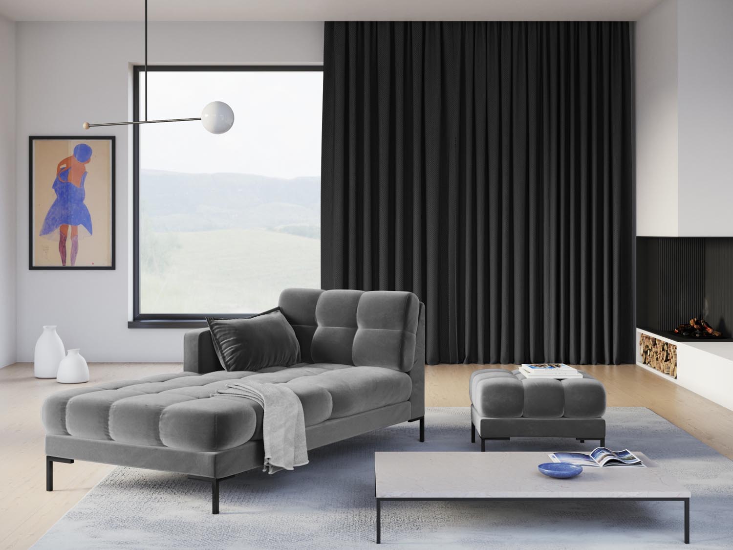 Eleganter Mamaia Velour Pouf in sanften Grautönen, ideal für stilvolle Wohnräume. Bequem und vielseitig einsetzbar.