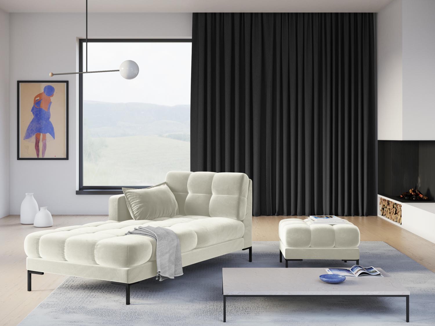 Eleganter Mamaia Velour Pouf in sanften Beige- und Schwarz-Tönen, ideal für stilvolle Wohnräume und gemütliche Sitzgelegenheiten.