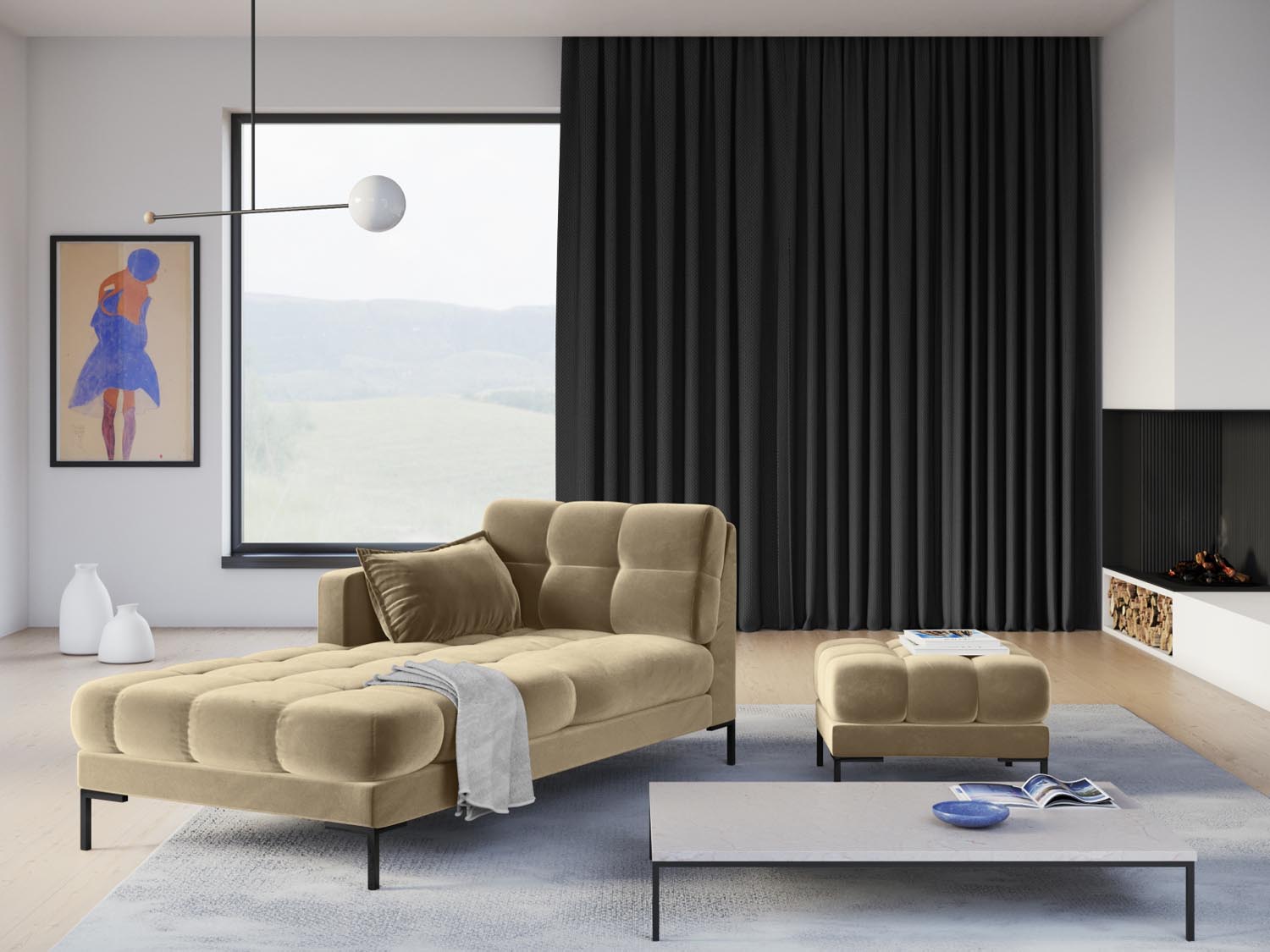 Eleganter Mamaia Velour Pouf in stilvollem Beige und Schwarz-Bluvel, ideal für gemütliche Sitzgelegenheiten und moderne Wohnräume.