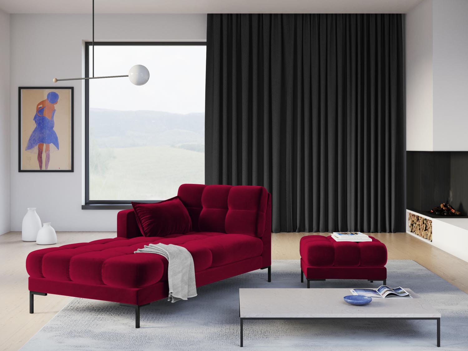 Eleganter Mamaia Velour Pouf in Rot und Schwarz, ideal für stilvolle Akzente in jedem Raum. Perfekt für zusätzlichen Sitzkomfort.