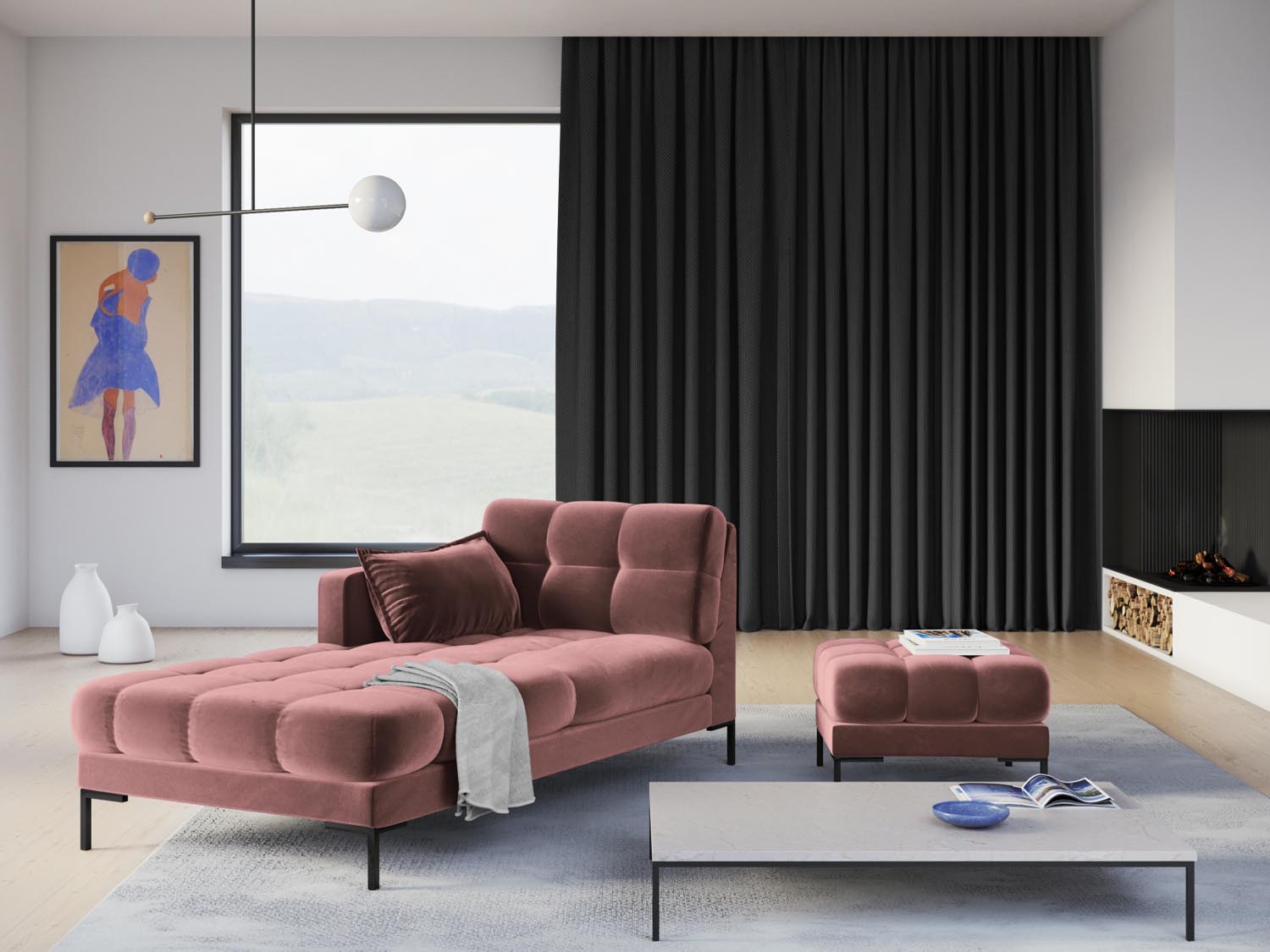 Stylischer Mamaia Velour Pouf in sanften Pink- und Schwarz-Bluvel-Tönen, ideal für gemütliche Sitzgelegenheiten und moderne Wohnräume.