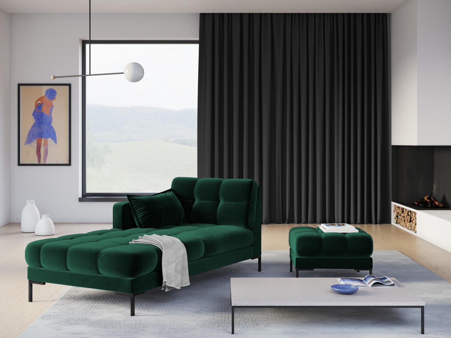Eleganter Mamaia Velour Pouf in sattem Flaschengrün und Schwarz-Bluvel, ideal für stilvolle Wohnräume und gemütliche Sitzgelegenheiten.
