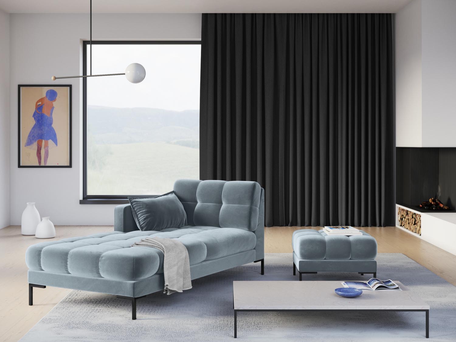 Eleganter Mamaia Velour Pouf in sanftem Hellblau und Schwarz, ideal für stilvolle Akzente in jedem Raum. Perfekt für zusätzlichen Sitzkomfort.