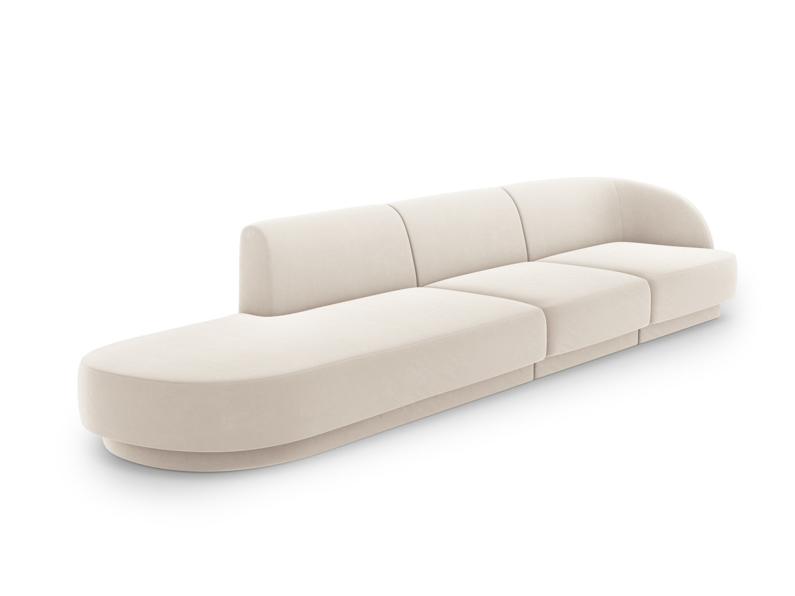 Elegantes Miley Velour Sofa links, 4-Sitzer in sanftem Beige, ideal für stilvolle Wohnräume. Hochwertige Verarbeitung von Micadoni.